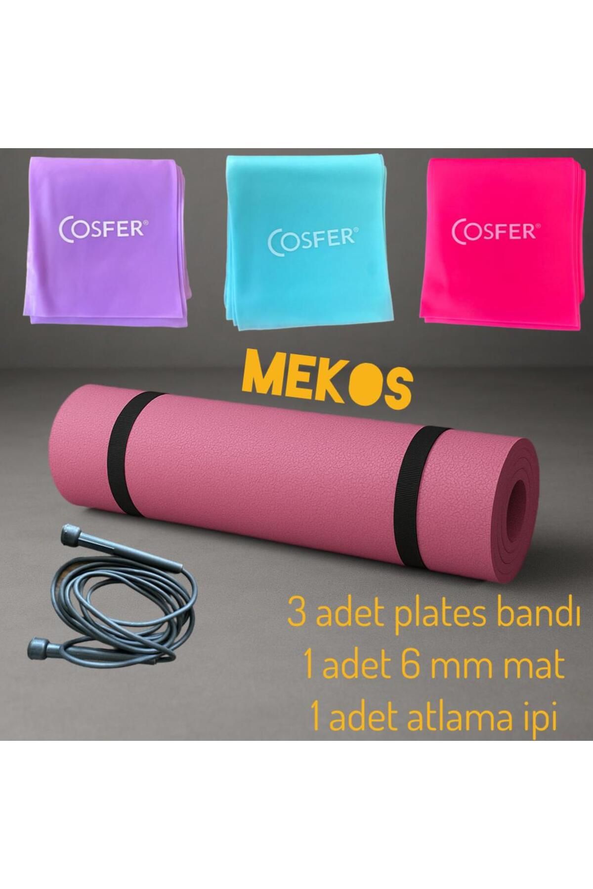 MEKOS Premium PİLATES SETİ 5'li Set 1 adet 6mm Plates Yoga Minderi Matı- 3 adet Plates Bandı ve Atlama ipi