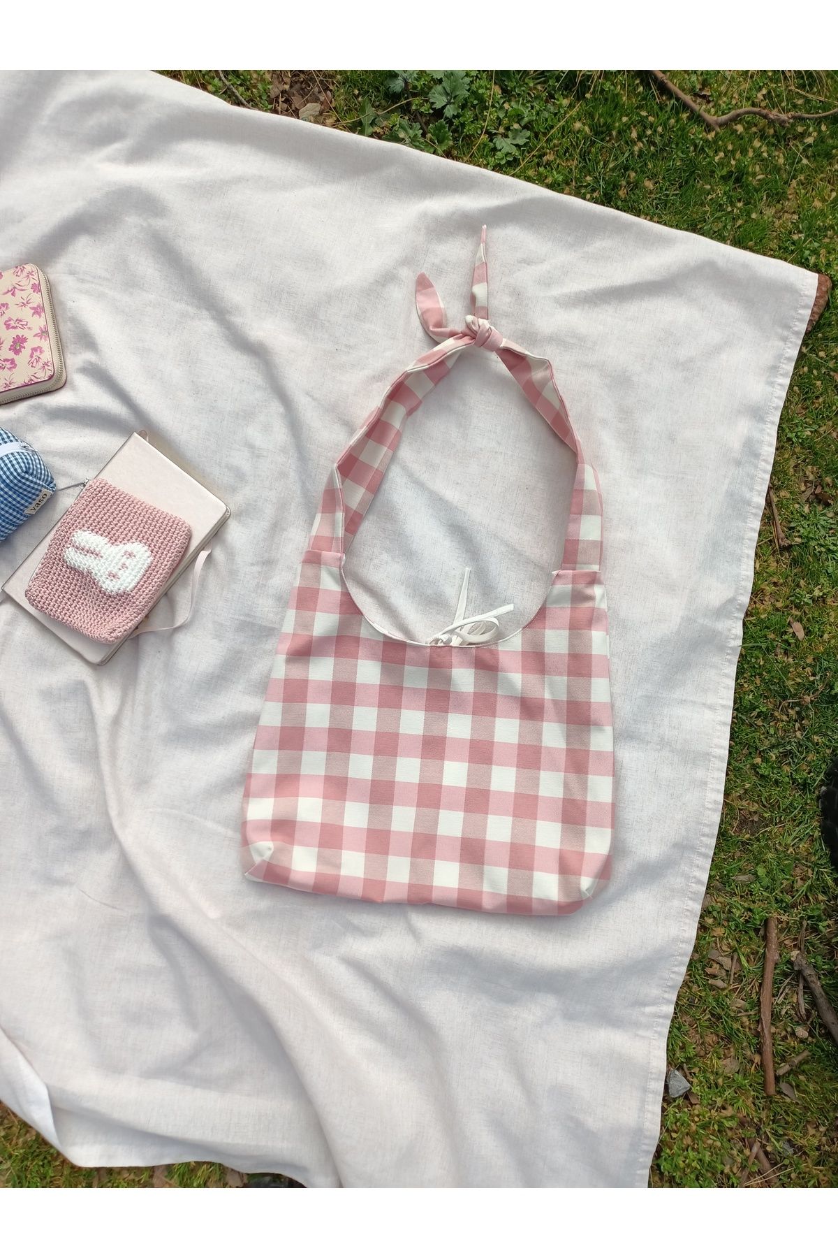 yaso shop Kumaş Tote Çanta Kadın Omuz Çantası Kareli Desenli Fiyonk Detaylı