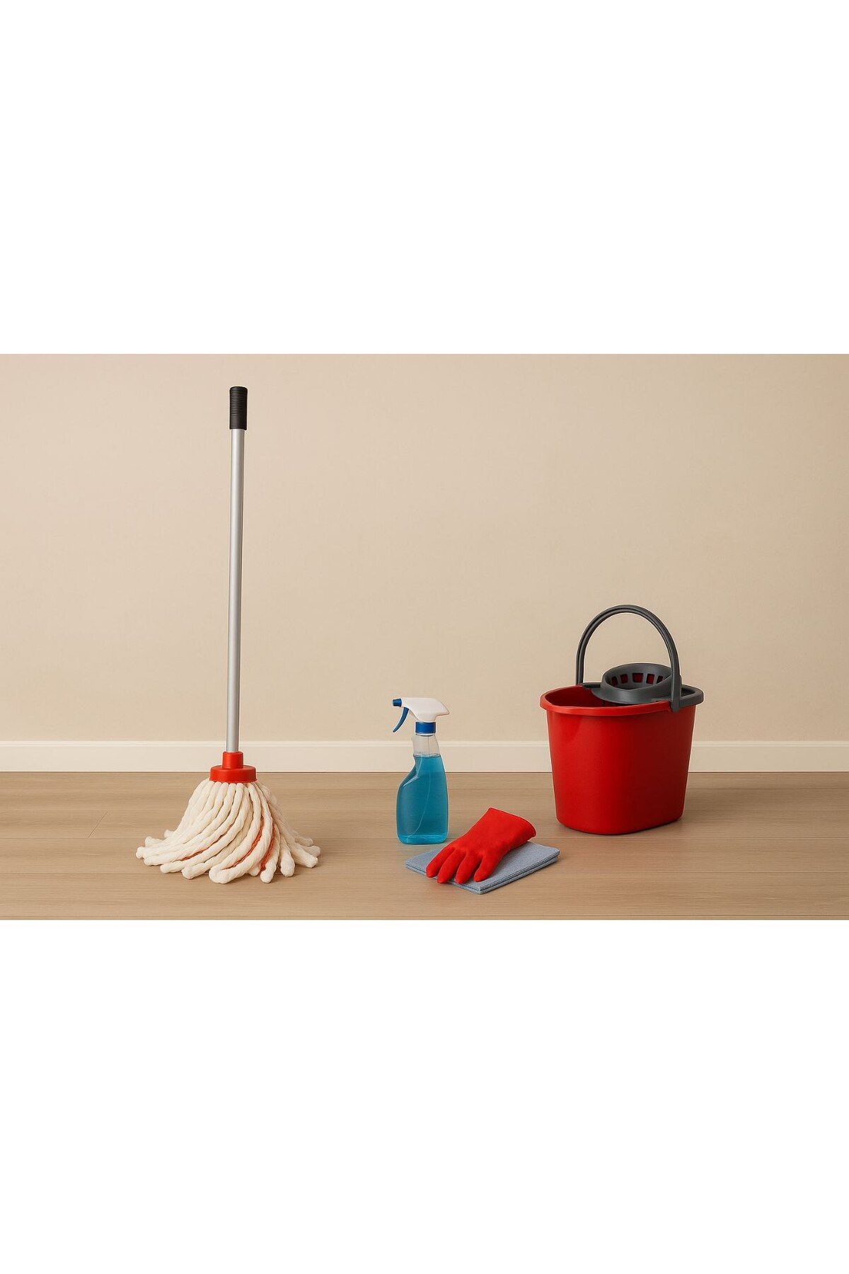 Metler 4'Lü Temizlik Seti+120 Cm Saplı Mop+Mop Kovası +Camsil Sprey+Temizlik Eldiveni Pratik Temizlik Seti