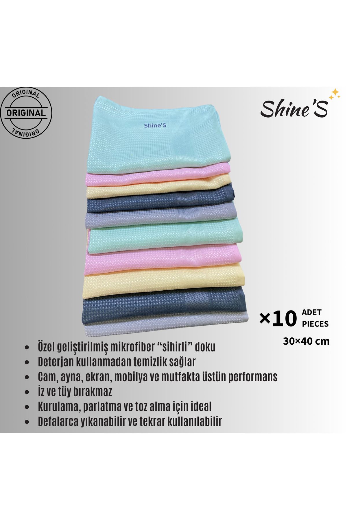 Shines Fabrika Satış Mağazası Shine'S 10'lu Renkli mikrofiber temizlik bezi, banyo, mutfak, cam, araba ve tüm yüzeyler (30x40CM)