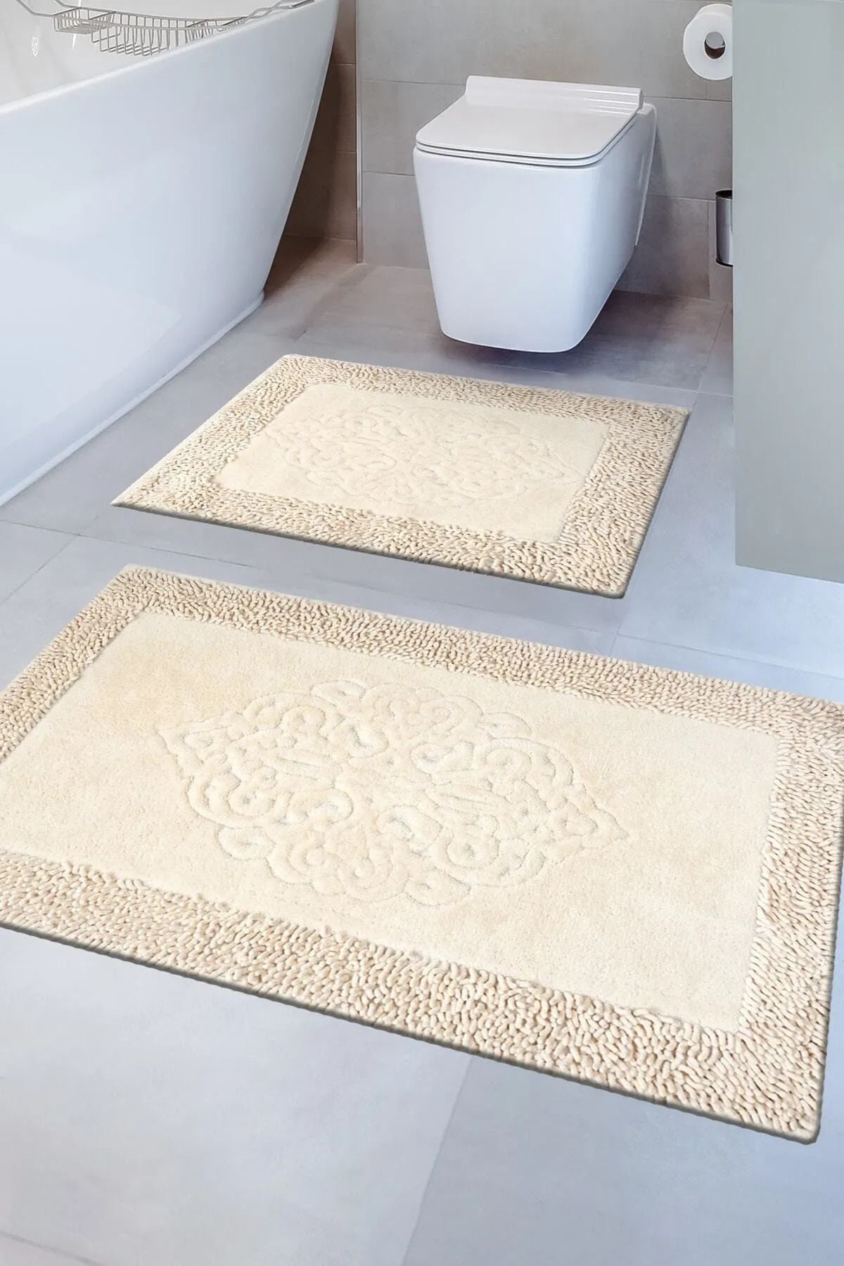 Çelsa Home Pamuklu 2'li Makarna Kenar Banyo Paspas Takımı Damask Desen Cappuccino