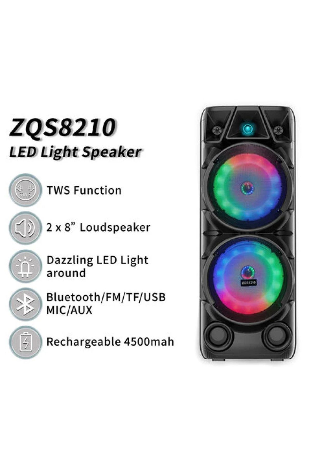 Primo Plus-ZQS8210 Bluetooth Speaker with Rechargeable Battery and RGB Lighting, Supports TWS,FM, USB, with MIC 3