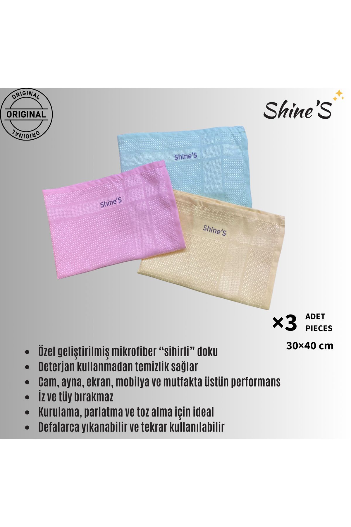 Shines Fabrika Satış Mağazası Shine'S 3'lü mikrofiber temizlik bezi, banyo, mutfak, cam, araba ve tüm yüzeyler (30X40 CM)
