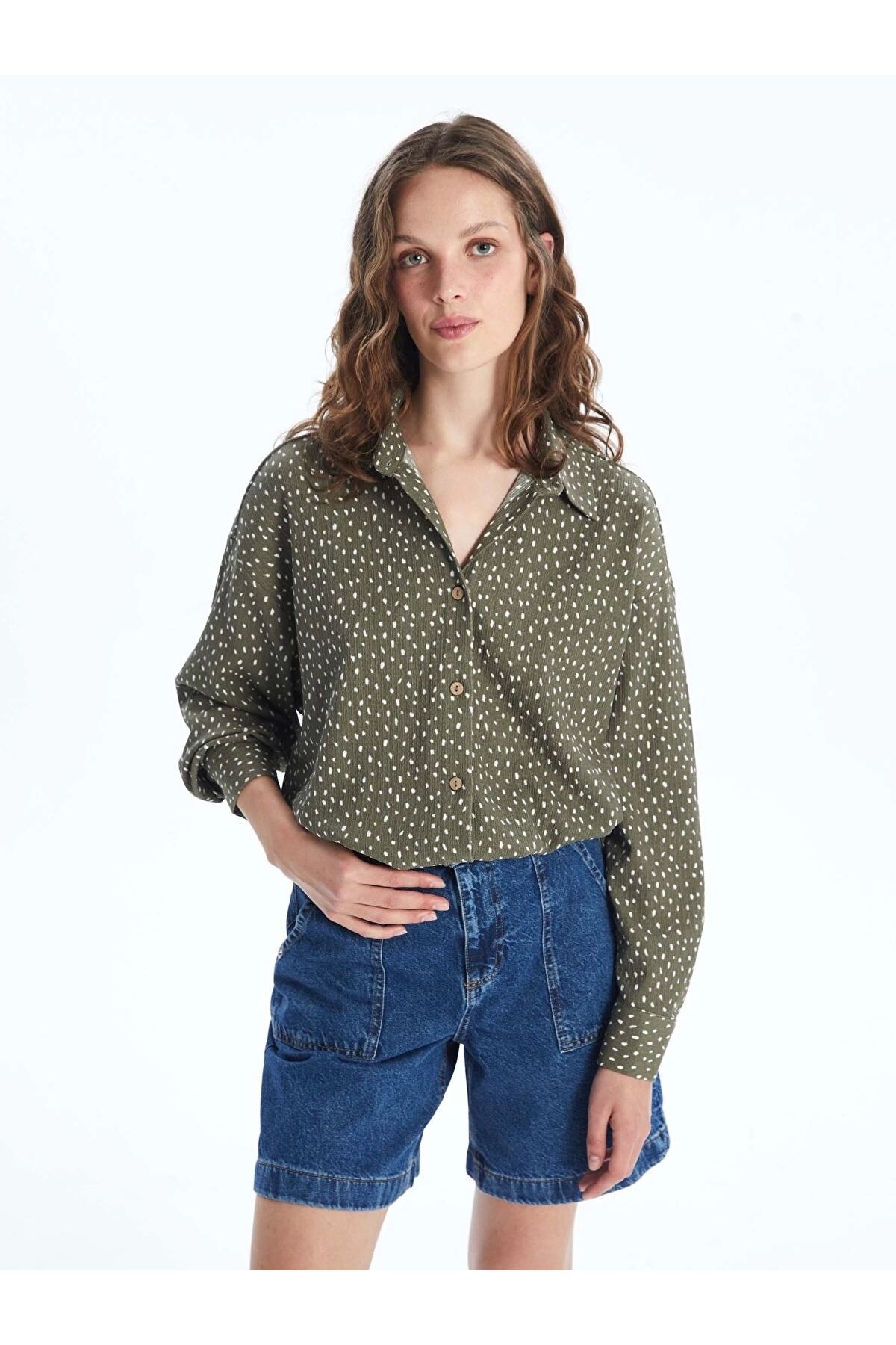LC Waikiki LCW Vision Yeşil Desenli Uzun Kollu Oversize Kadın Gömlek