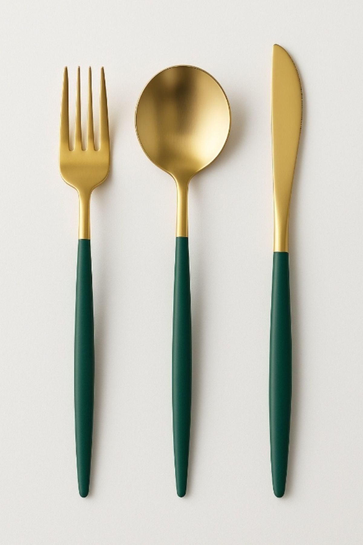 TARIK HOME Bir Kişilik Modern Gold Yeşil Paslanmaz Çelik 3 Parça Yuvarlak Form Lüks Çatal Bıçak Kaşık Seti