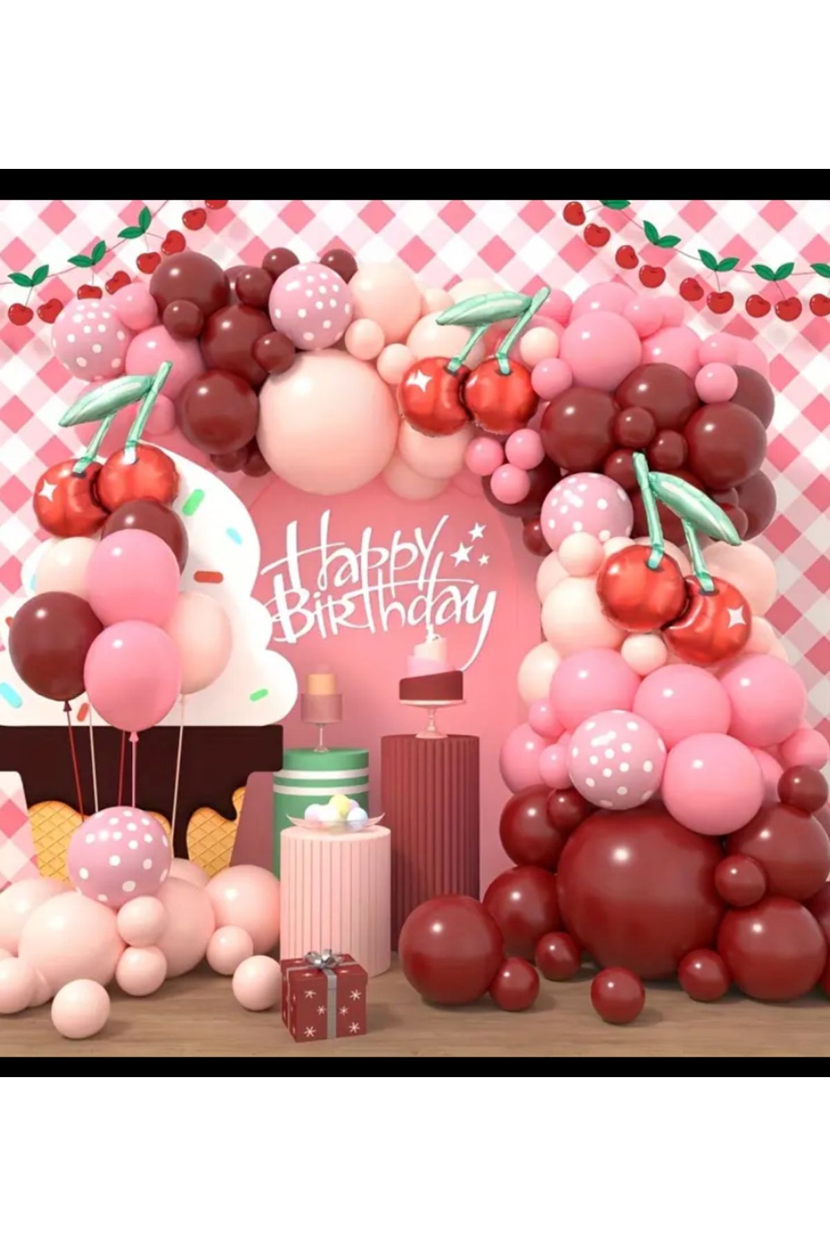 Çemrek Süs Parti Kiraz Folyo Balonlu Set Kırmızı Pembe Bordo Balon Zinciri Seti 101 li