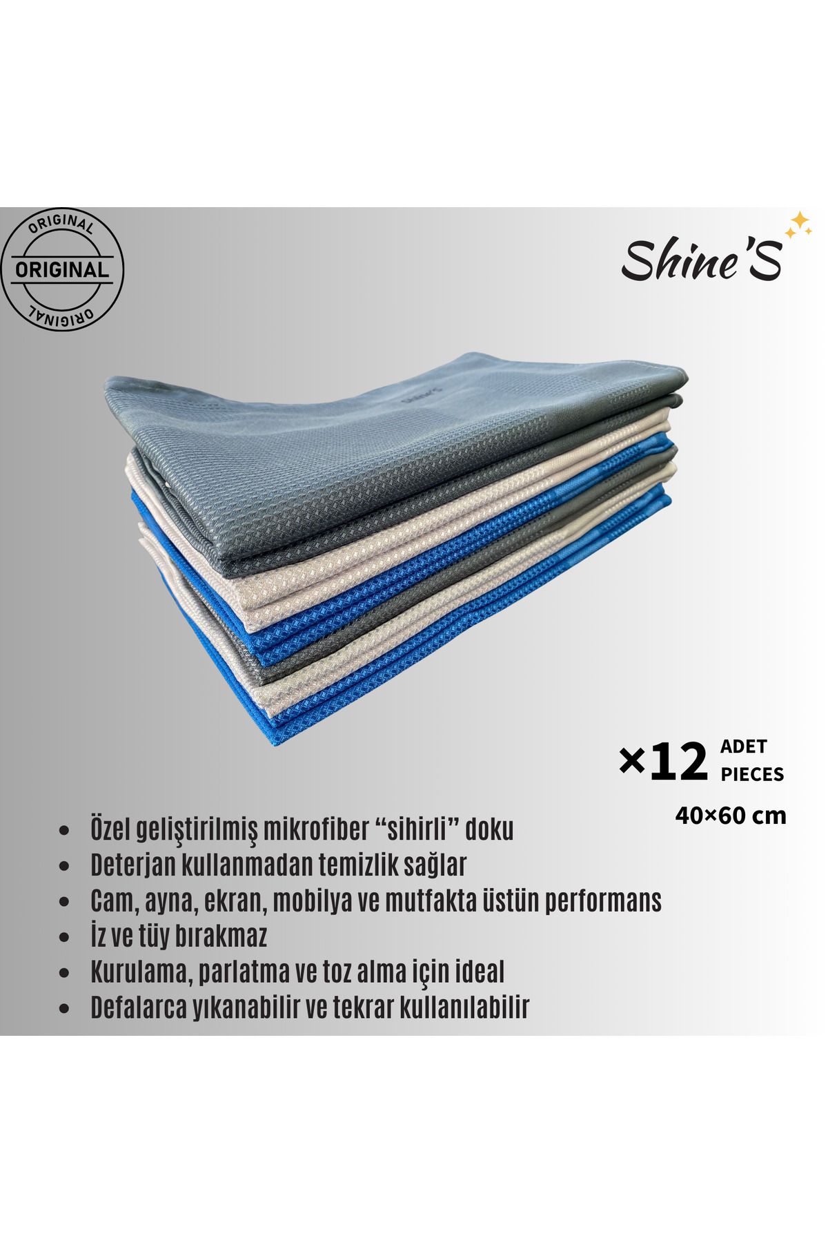 Shines Fabrika Satış Mağazası Shine'S 12'li mikrofiber temizlik bezi, banyo, mutfak, cam, araba ve tüm yüzeyler (40x60 CM)