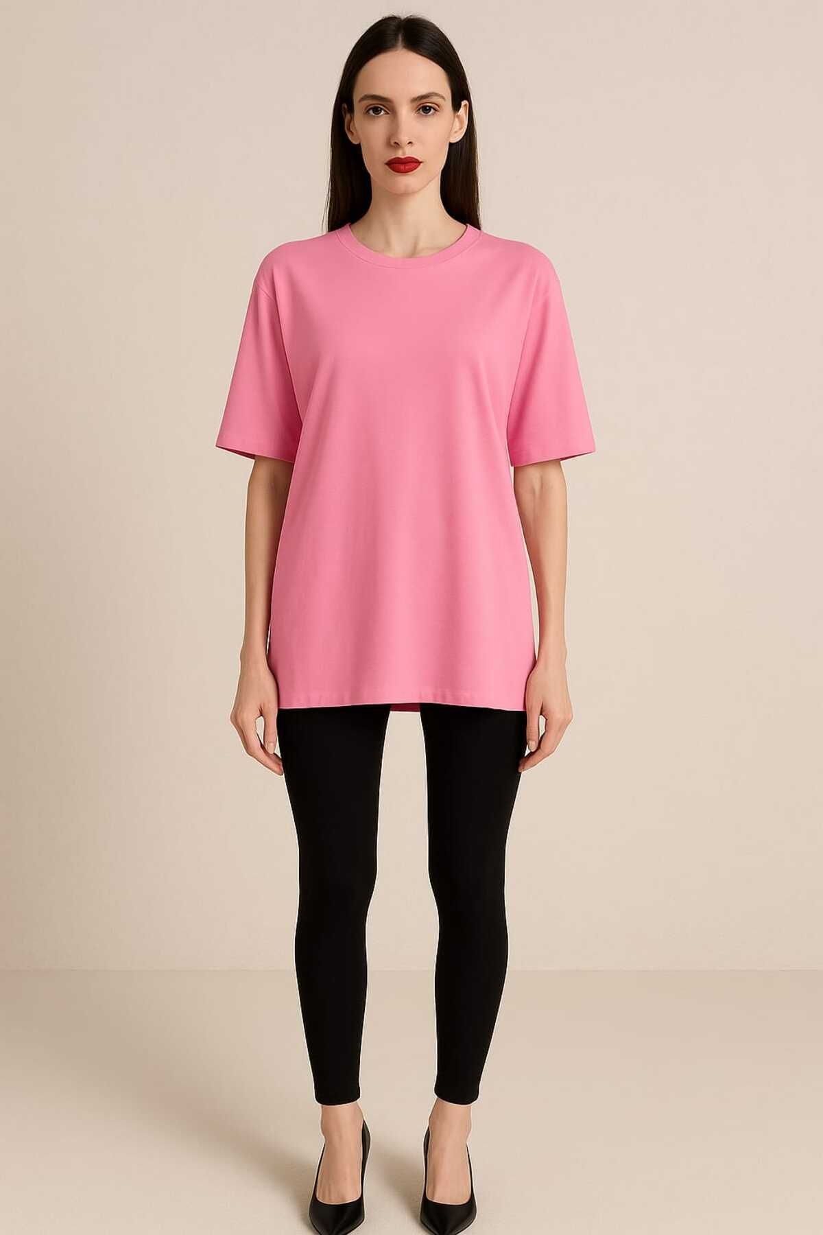 gigigiyim Düz Pembe Oversize Kadın Tişört