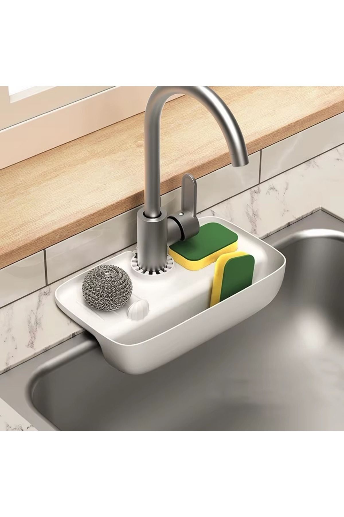 SLAINTE Beyaz Hazneli Elastik Düzenleyici Kaydırmaz Taban Organizer Mutfak Banyo
