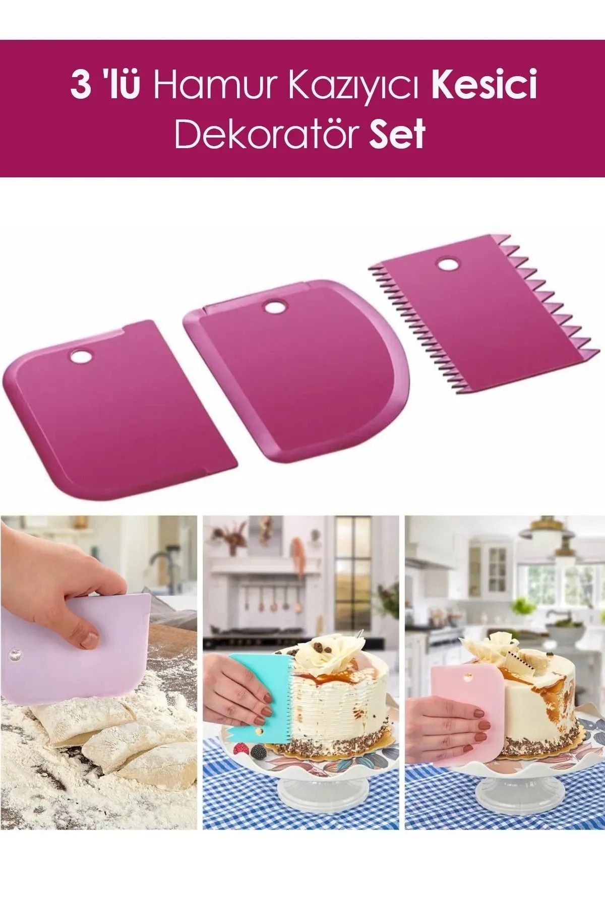 SLAINTE 3 Parça Plastik Pasta Hamur Krema Şekillendirici Kesici Kazıyıcı Dekoratör Spatula Set