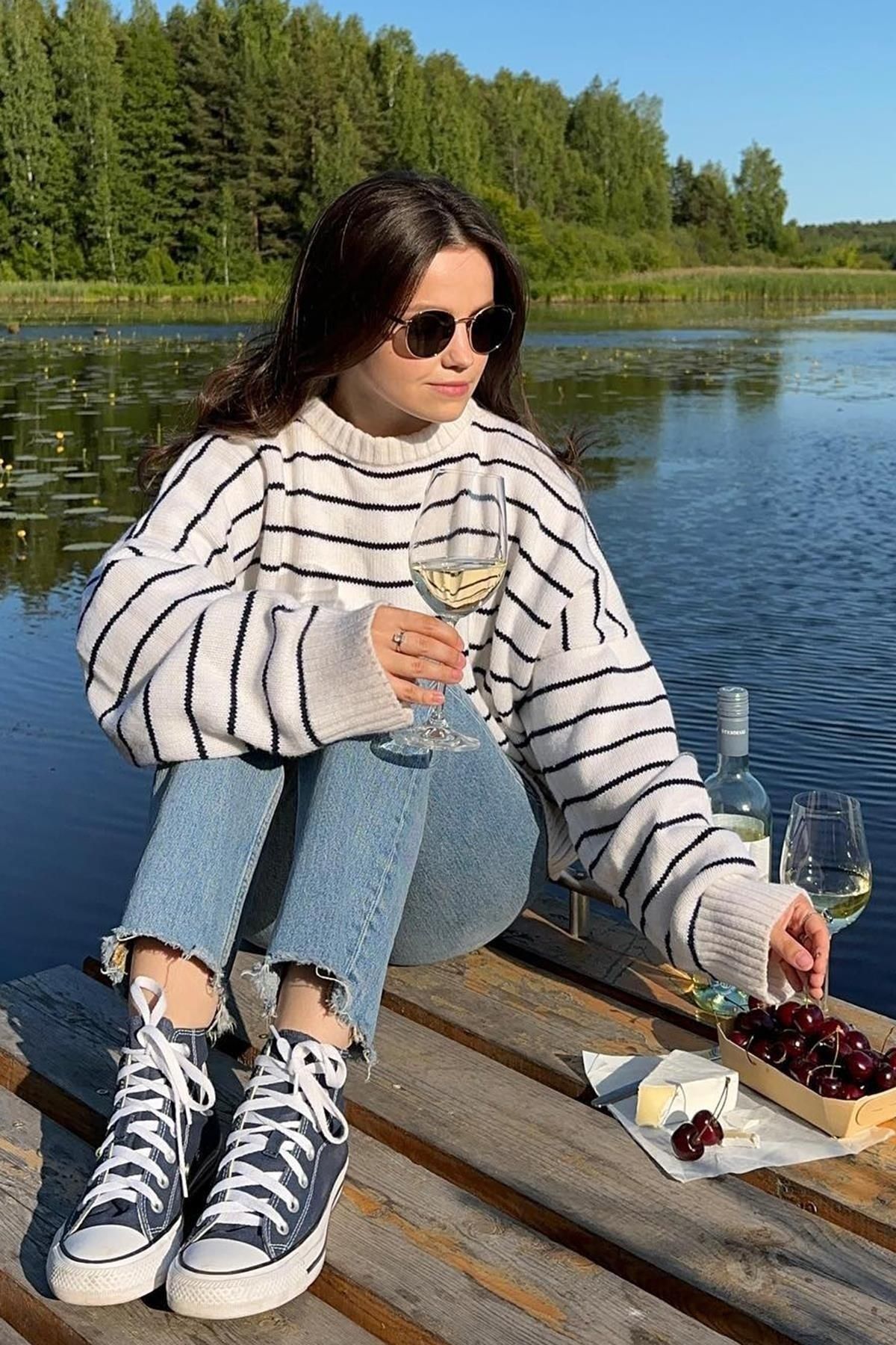KURGAN TEKSTİL-Women's Crew Neck Striped Oversize Knitwear Sweater 3