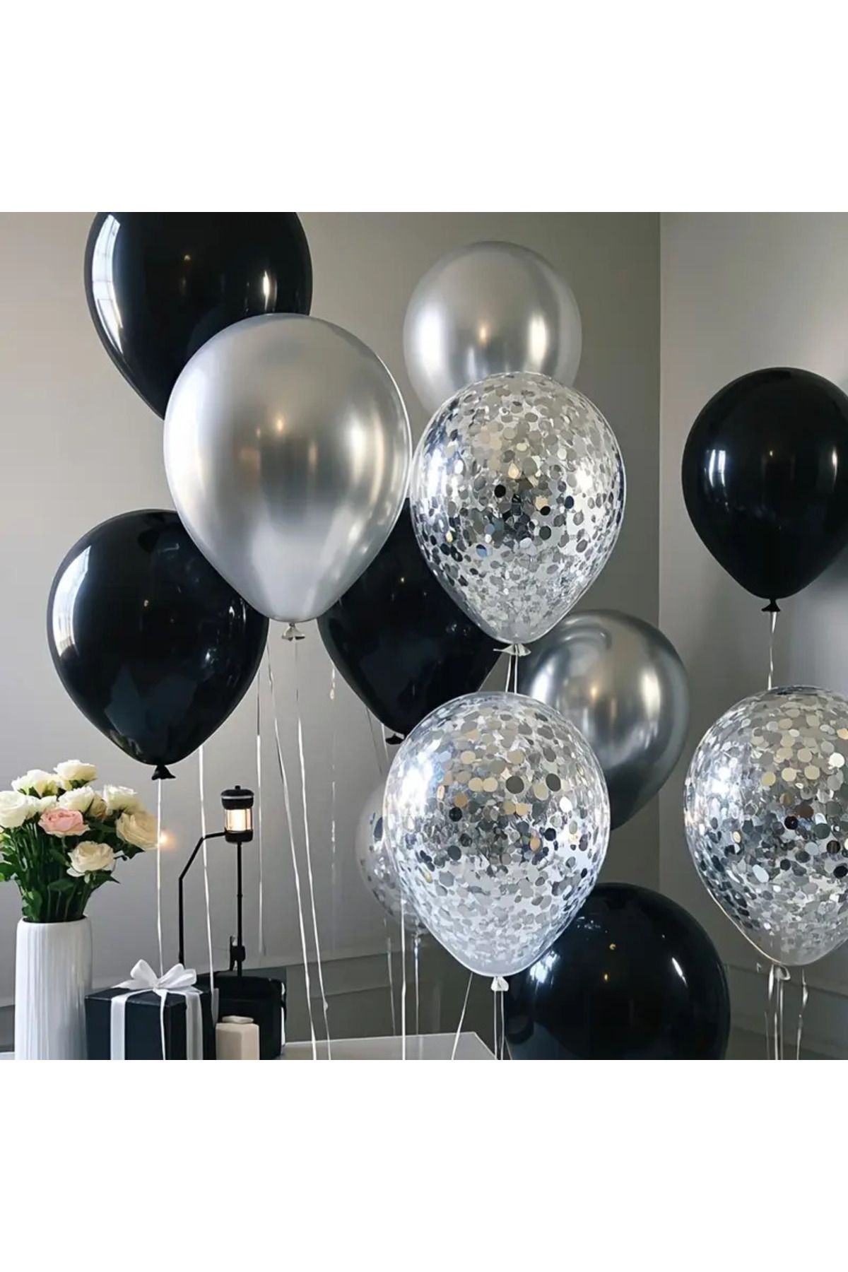 Papatya Party 30 Adet Siyah-Gümüş-Beyaz Balon Seti Doğum Günü ,parti Seti