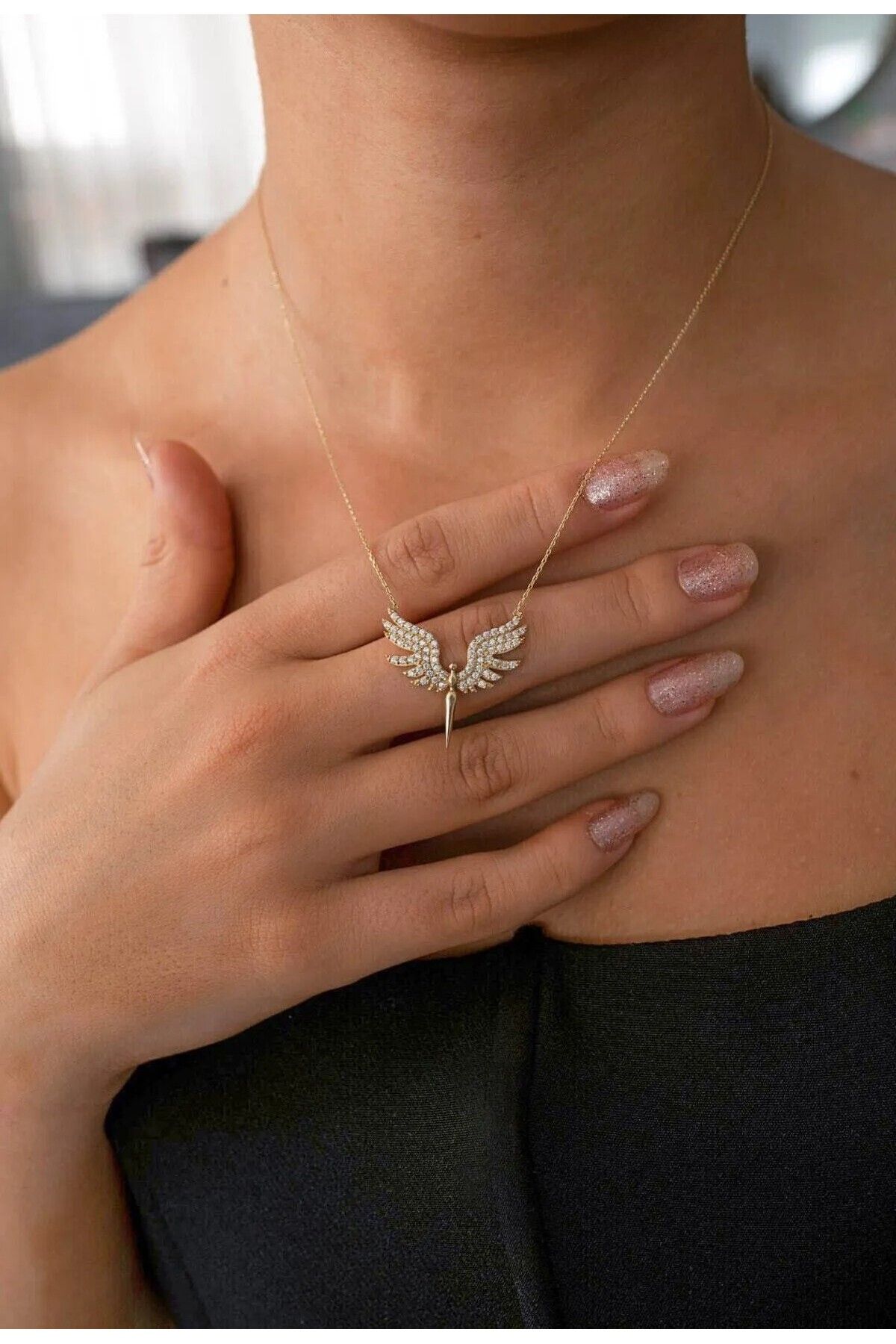HEYjewelry Mikail Meleği Figürlü Zirkon Taşlı Melek Kanadı Kararmaz Gold Çelik Kolye KADIN