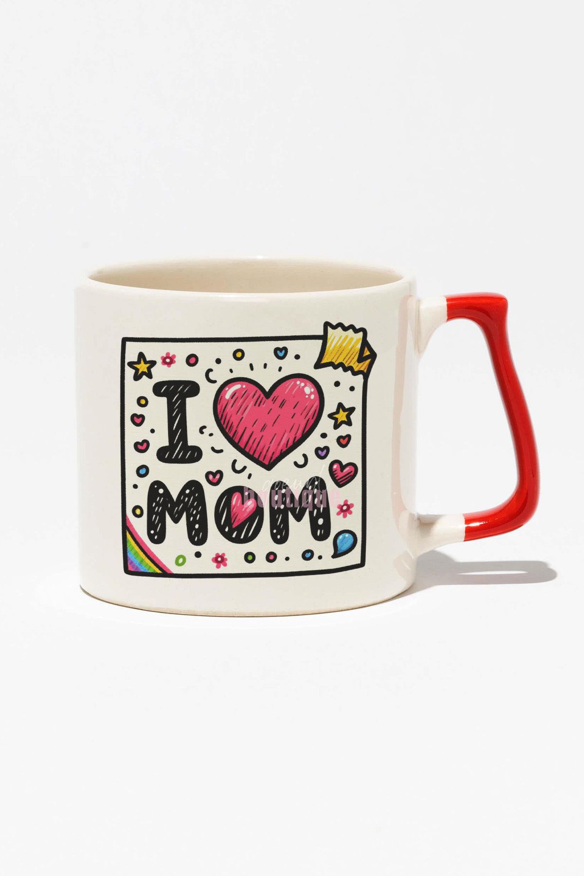 qoeuyl boutique "I Love Mom" Anneler Günü Doğum Günü Hediye Kırmızı Kulplu Kupa Bardak