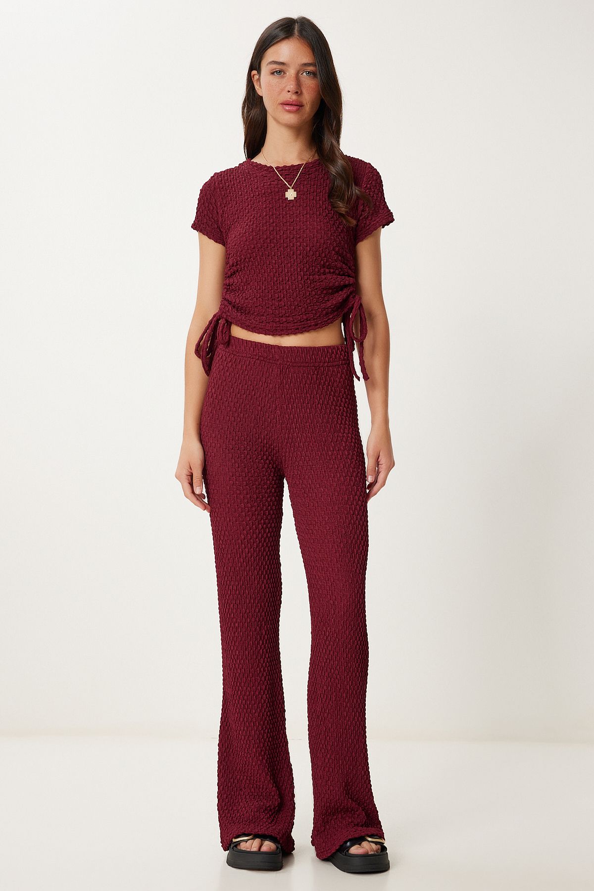 Lovelyİstanbul Dokulu Esnek Bluz Pantolon Takım BORDO LZV0011