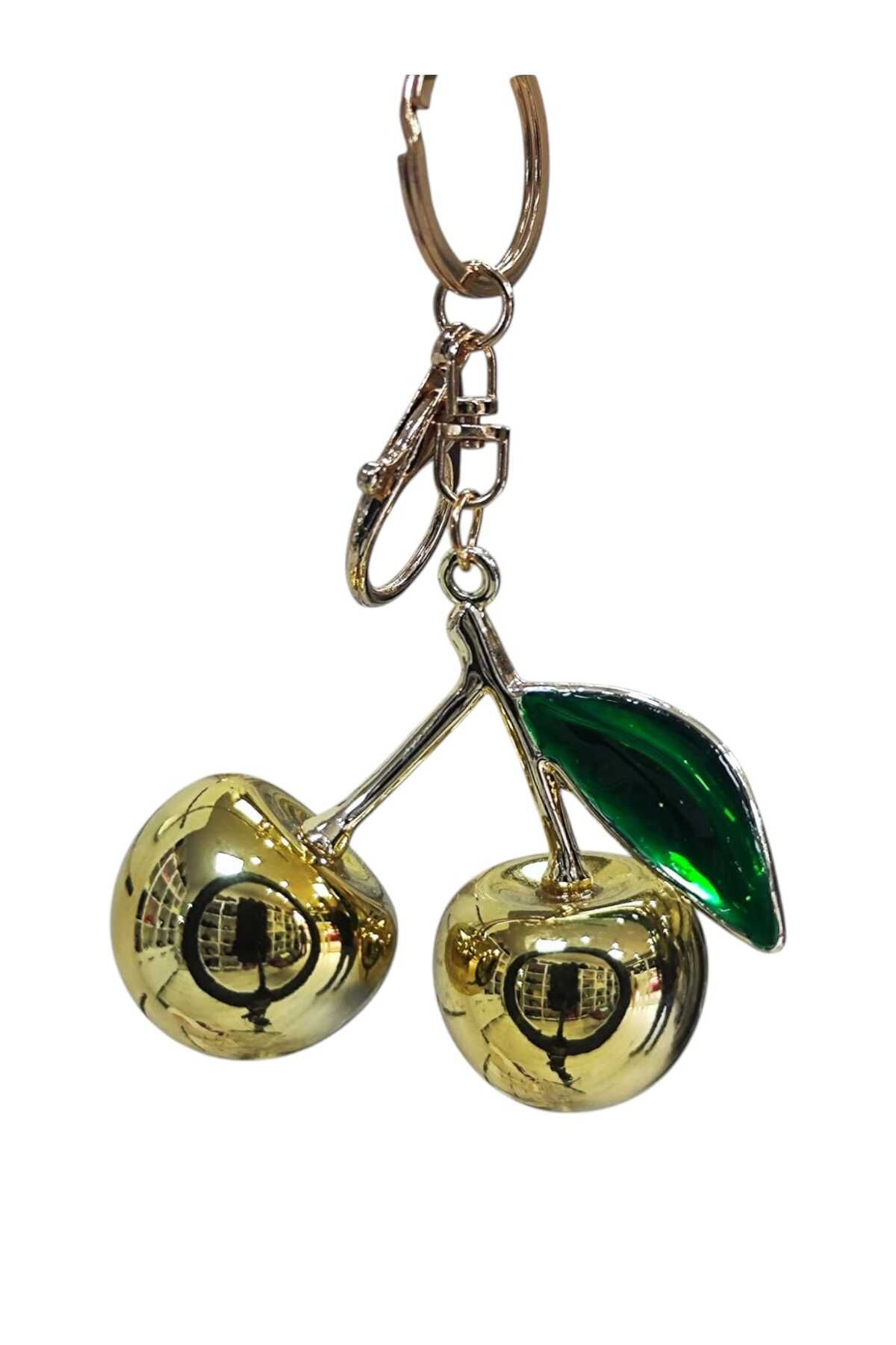 Aşkım Butik Parlak Gold Renk Kiraz Figürlü Gold Detaylı Çanta Süsü & Anahtarlık Charm – Işıltılı Meyve Aksesuar