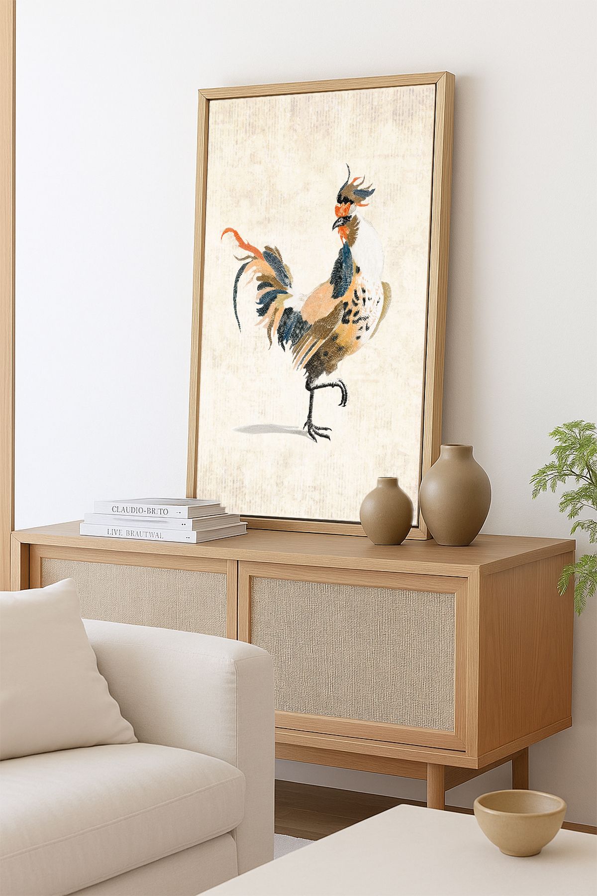 AKSU SANAT Dövüş Horozu Vintage ÇERÇEVELİ Kanvas Tablo, ÇİFT ÇERÇEVELİ Tablo 1KTBL42