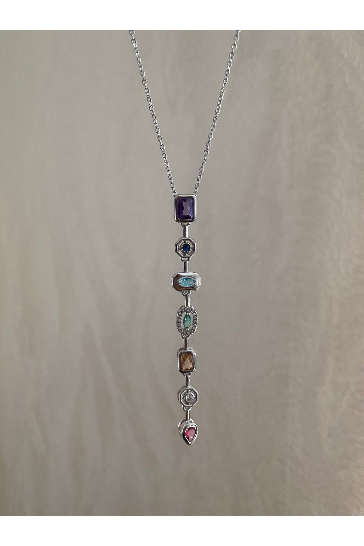 Petek Collection Renkli Taşlı Y kolye Dekolte Kolye (Çelik)