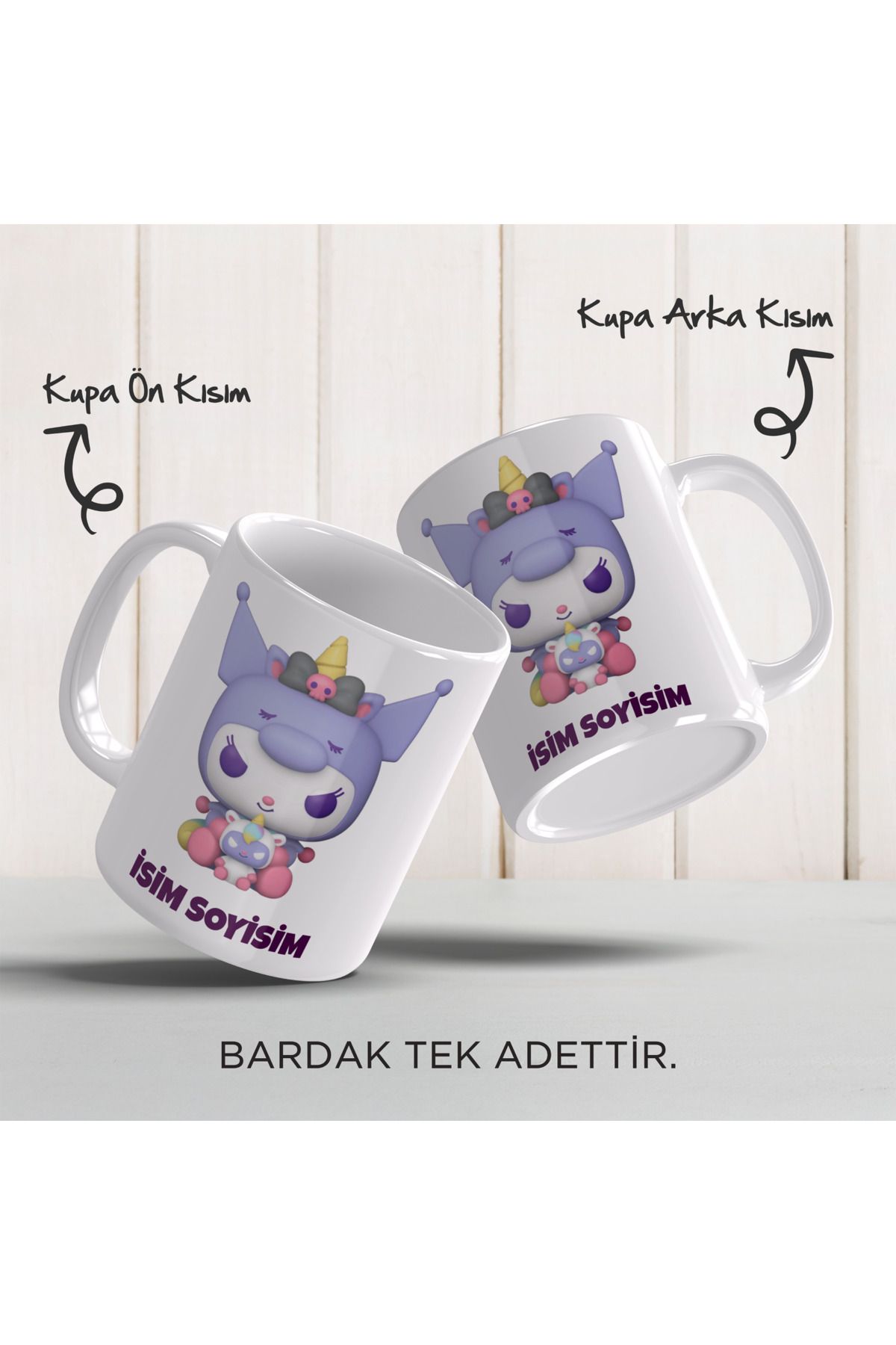 YELKOVAN TASARIM Kişiye Özel İsimli Kuromi Temalı Anime/Kawai, Renkli Porselen Kupa Bardak, Model-4