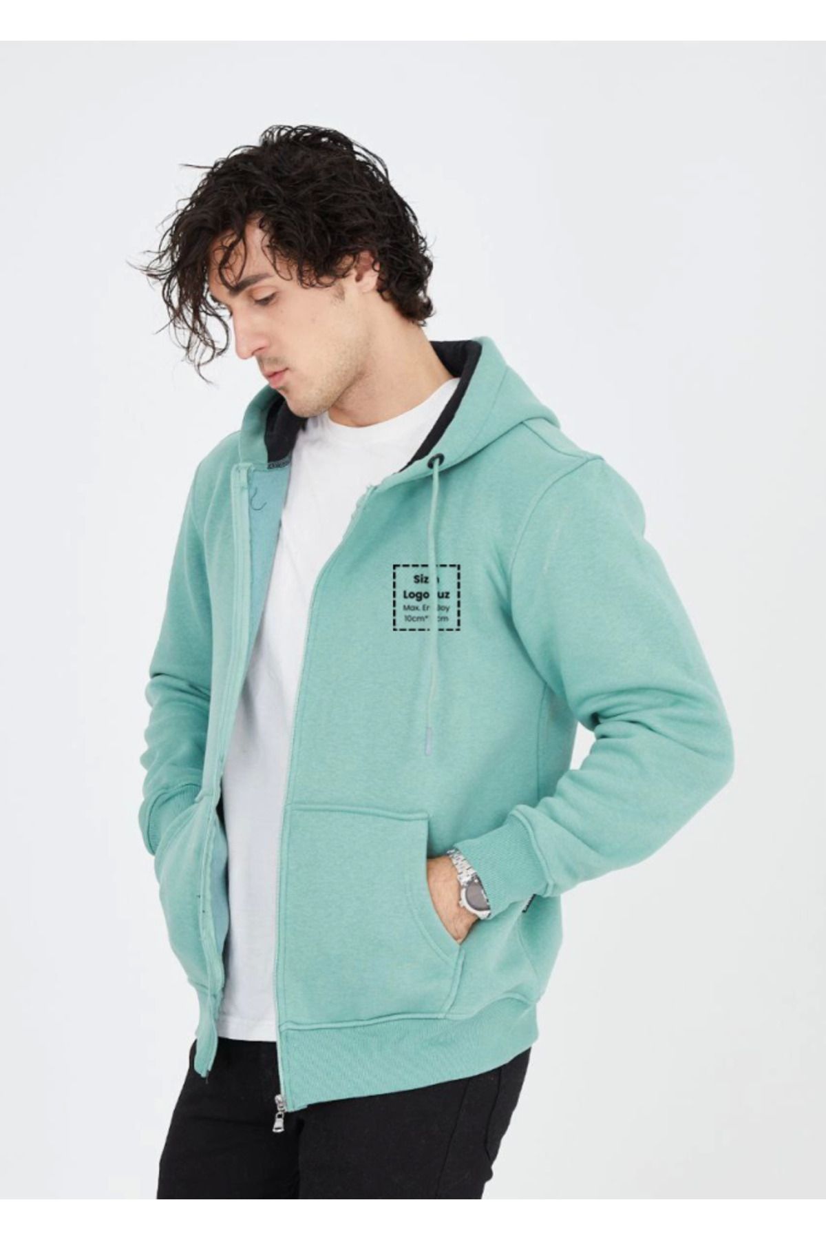 Kıvanç Moda Unisex Tam Fermuarlı Kapşonlu Özel Tasarım SweatShirt - Mint Yeşili