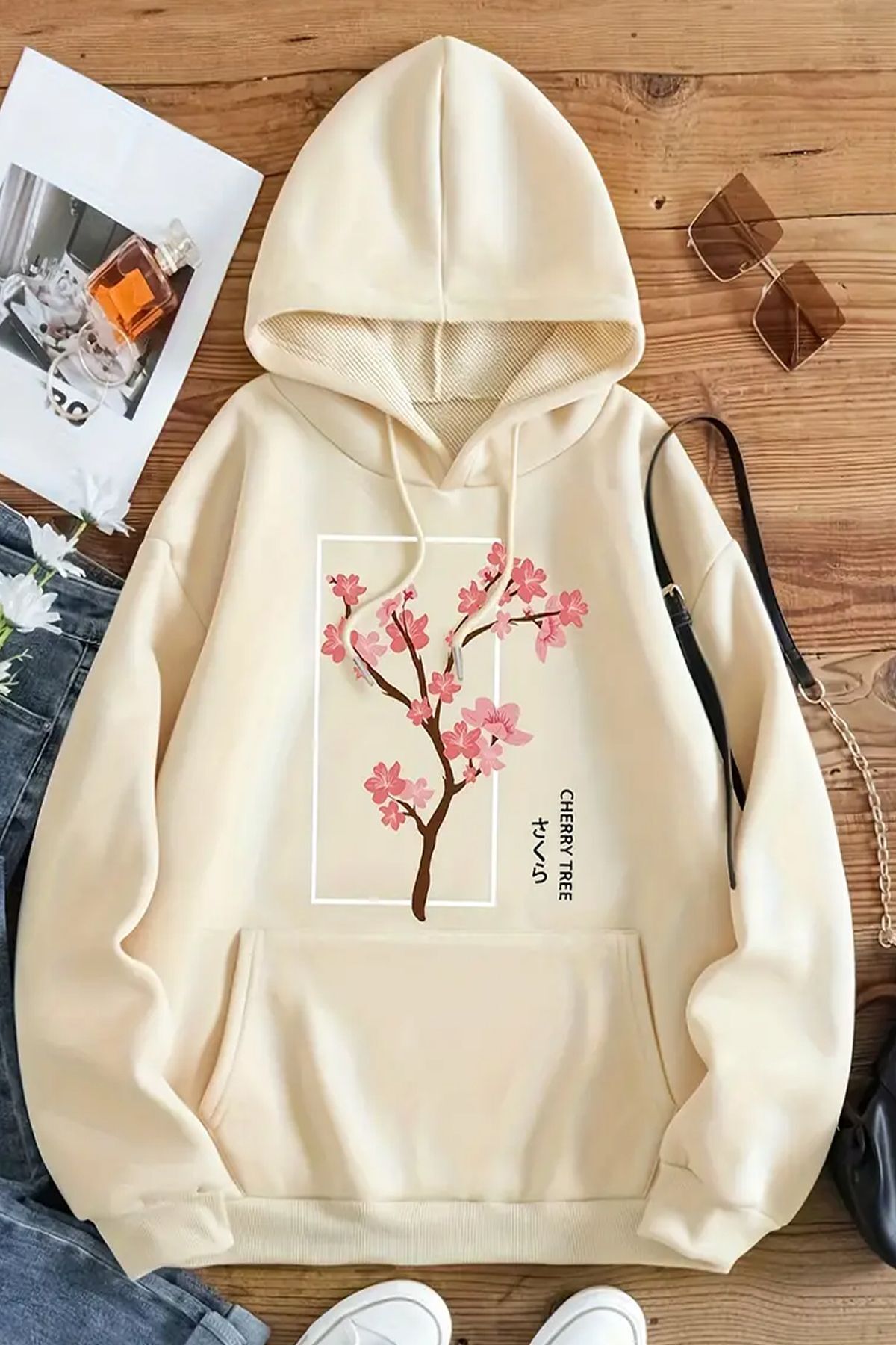 ModaSphere Cherry Tree Baskılı Oversize Sweatshirt