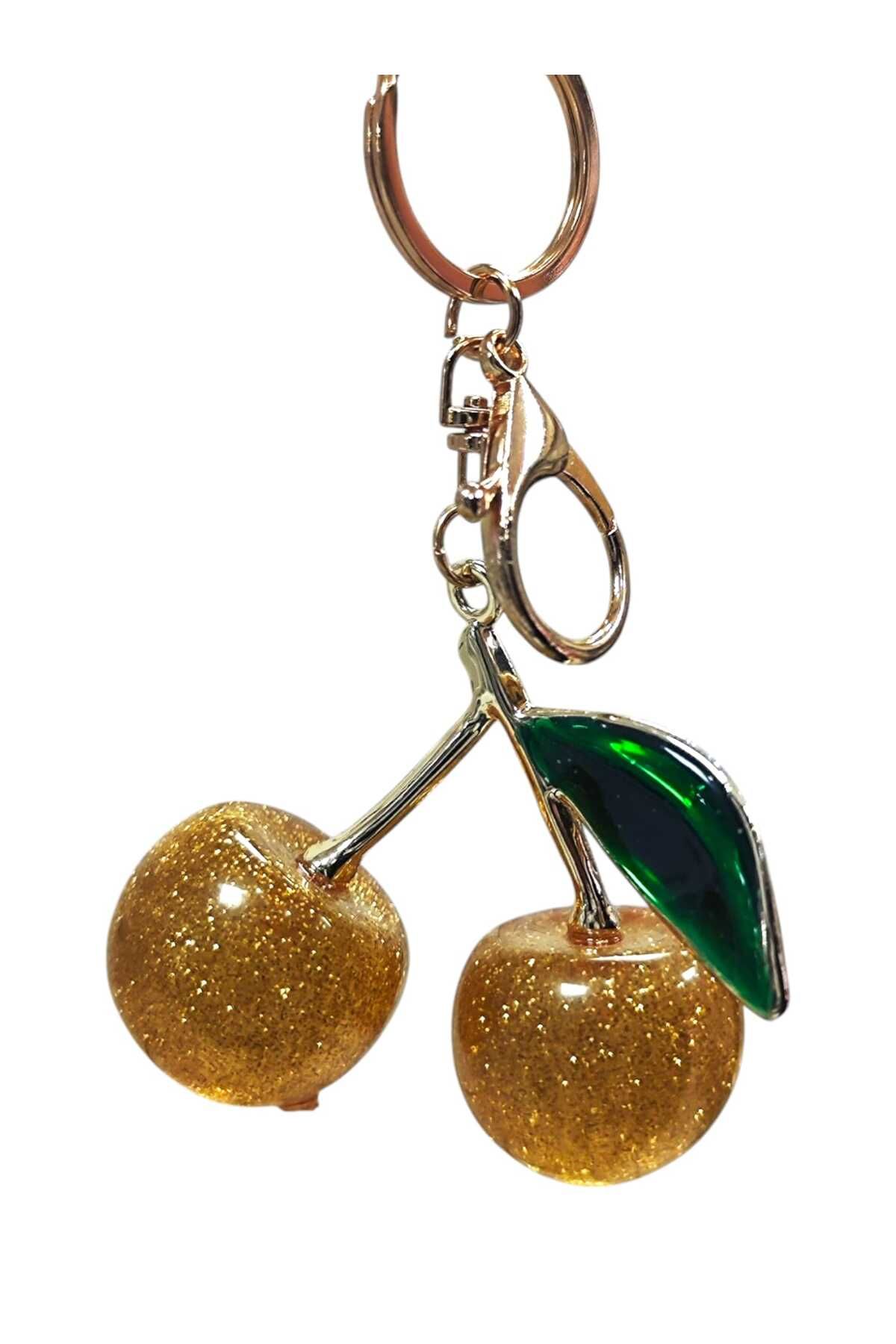 Aşkım Butik Parlak Sarı Kiraz Figürlü Gold Detaylı Çanta Süsü & Anahtarlık Charm – Işıltılı Meyve Aksesuar