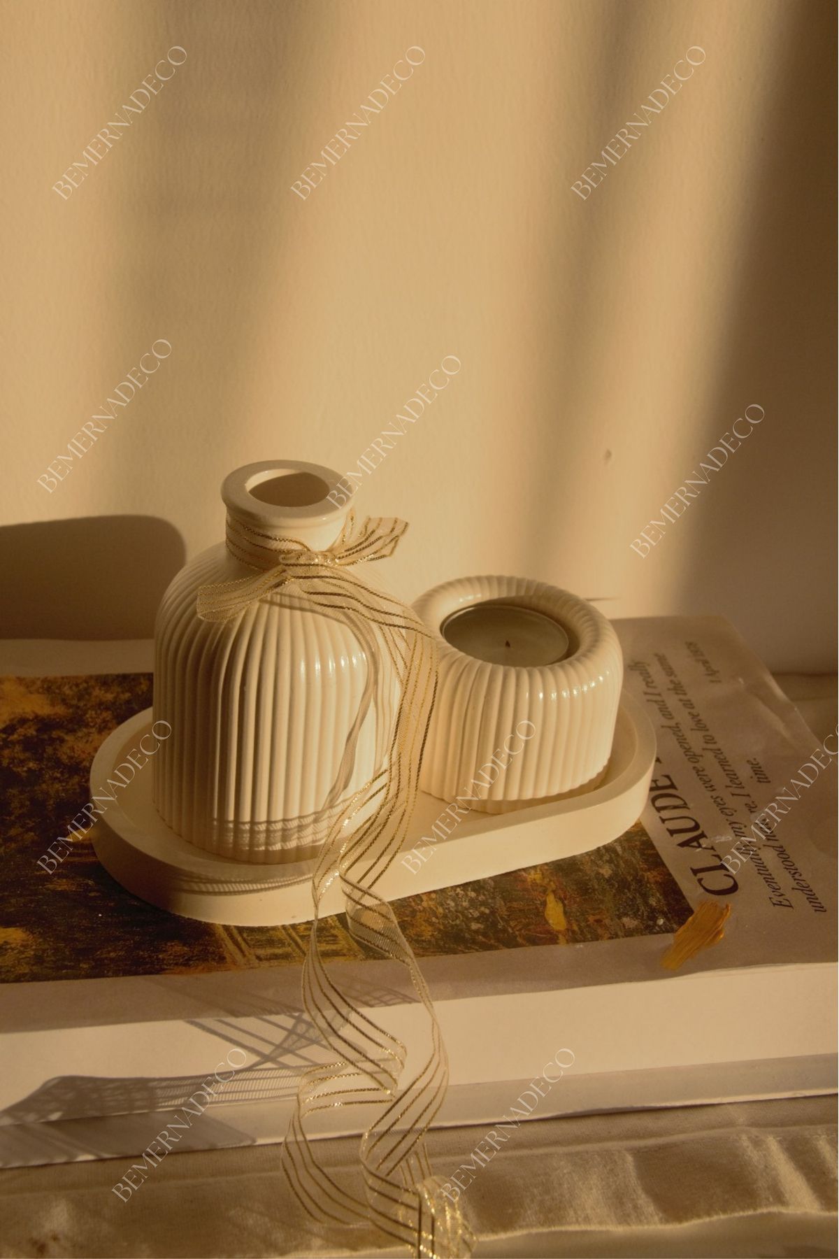 Bemerna Deco İskandinav Vazo Seti, 3'lü Vazo Seti, Mini Vazo, Oval Tabla, Mumluk (VERNİKLİ)
