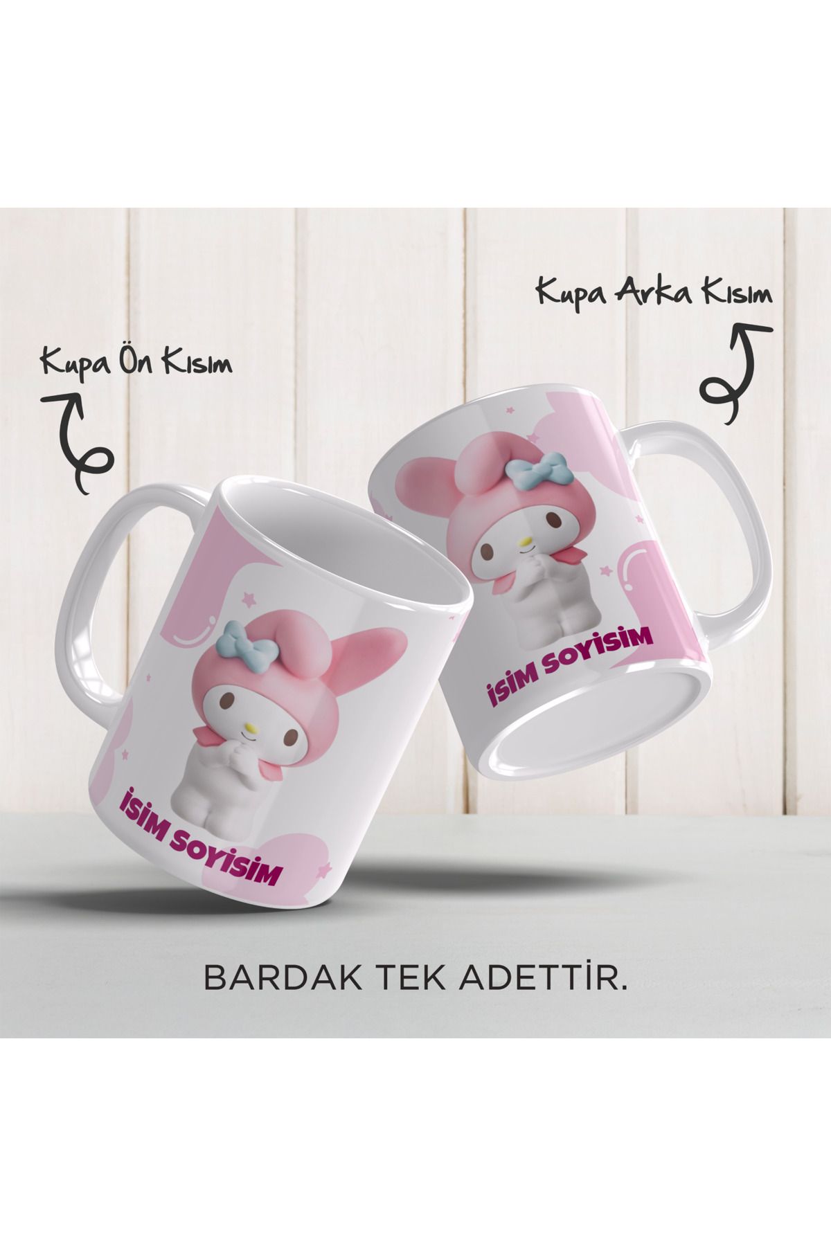 YELKOVAN TASARIM Kişiye Özel İsimli My Melody, Anime/Kawai, Renkli Porselen Kupa Bardak, Model-3