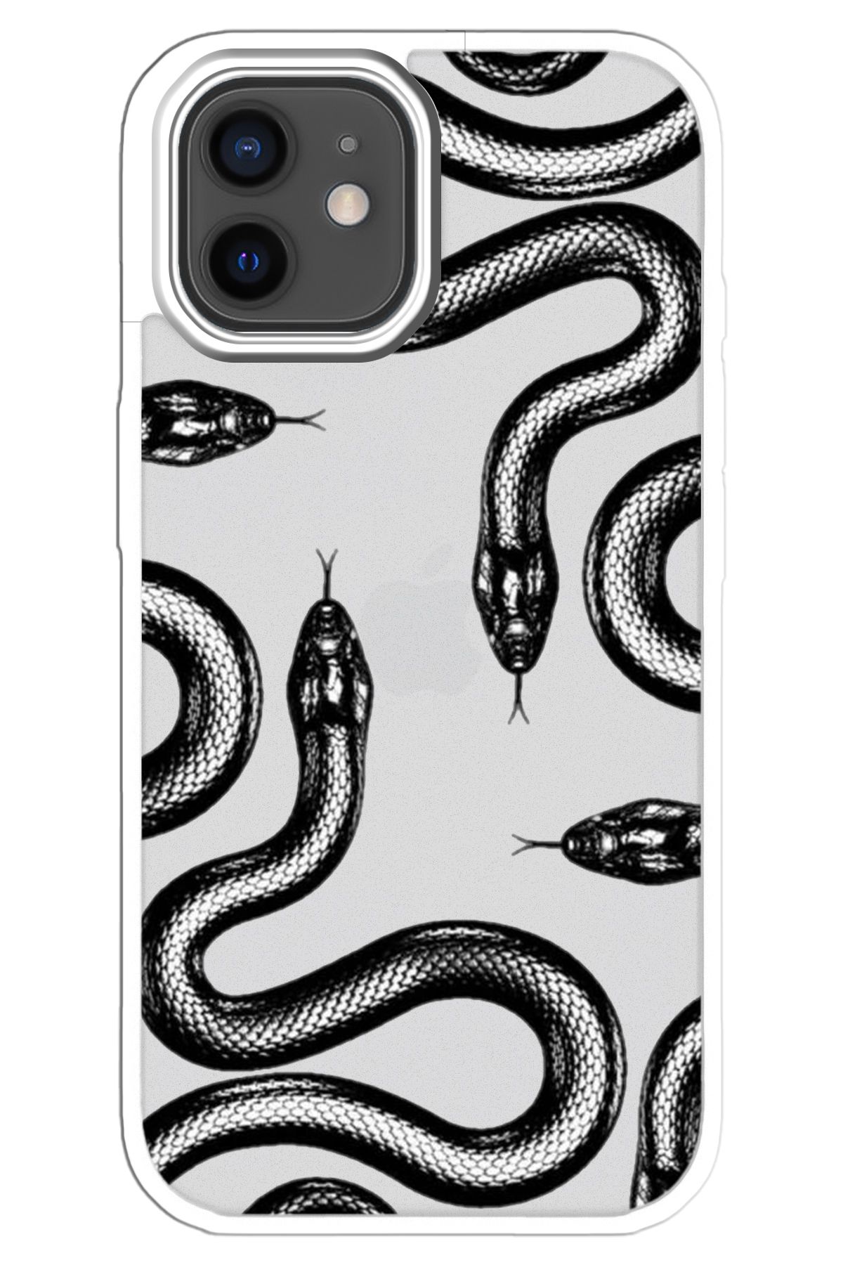 WANNA PROTECT iPhone 12 Beyaz Dark Snake Desenli Kamera Çıkıntılı İmpact Telefon Kılıfı y2k