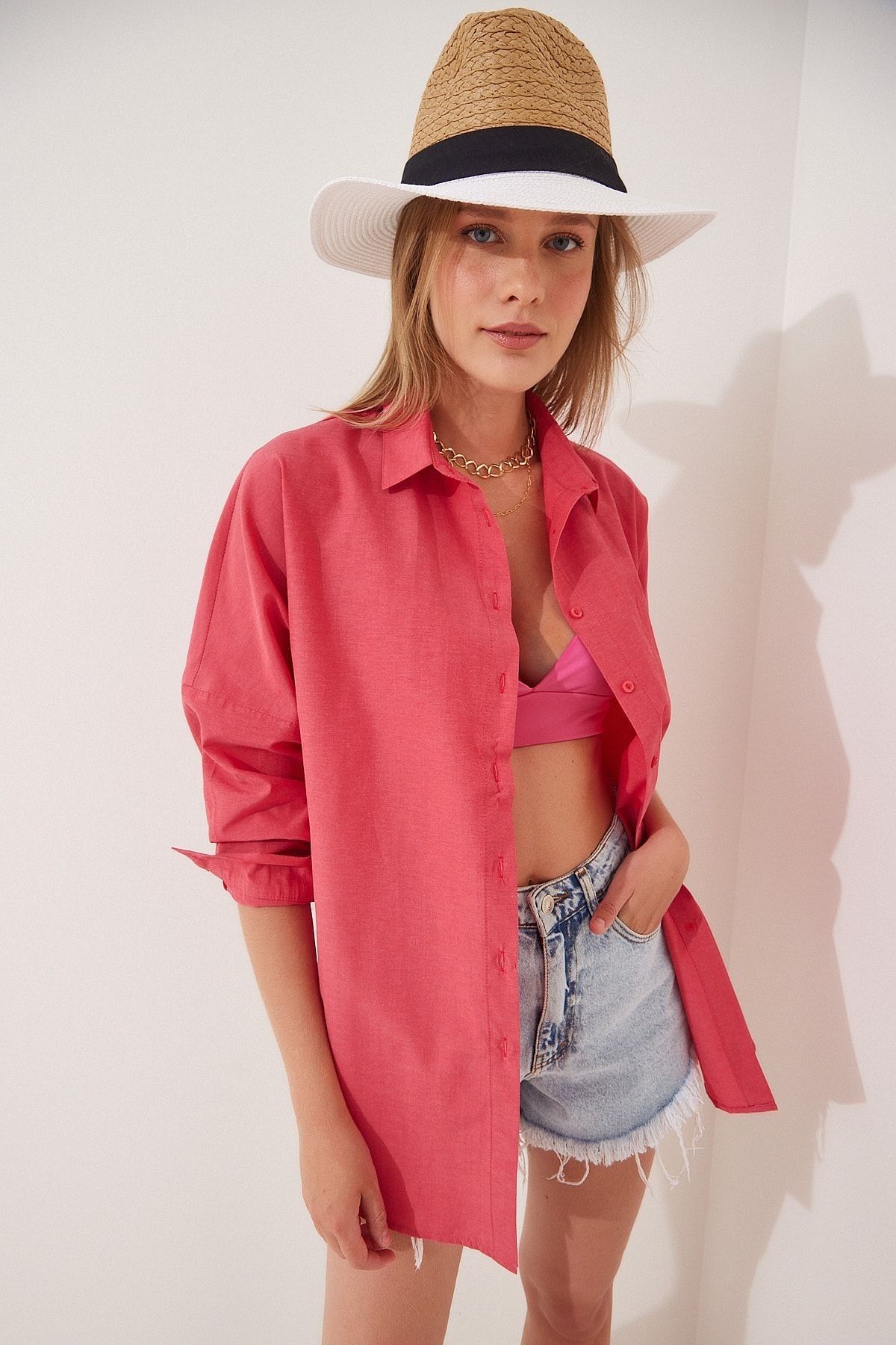EKİNORA Kadın Oversize Uzun Basic Gömlek