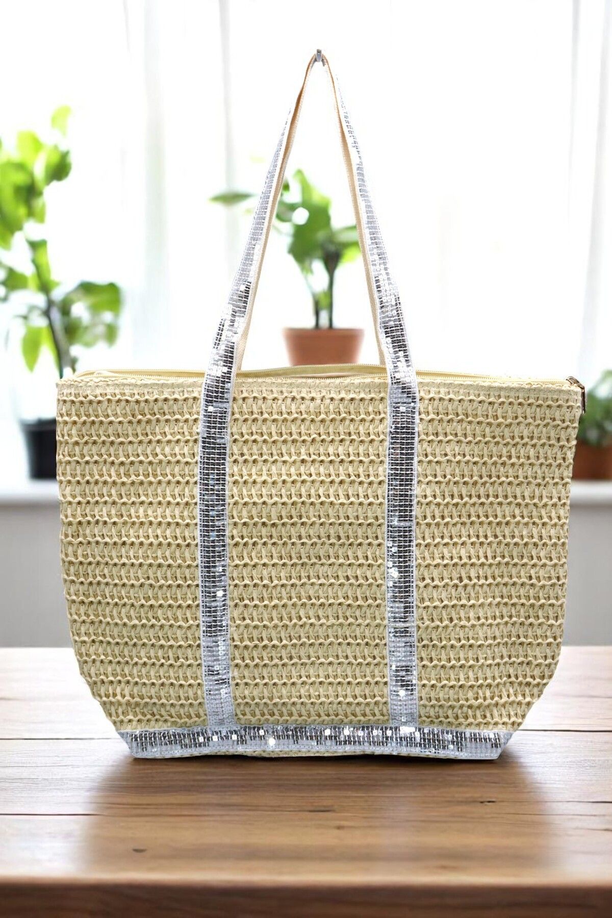 HFKY Kadın Hasır Çanta. Plaj Çantası. Omuz Çantası. Pullu Hasır Çanta.