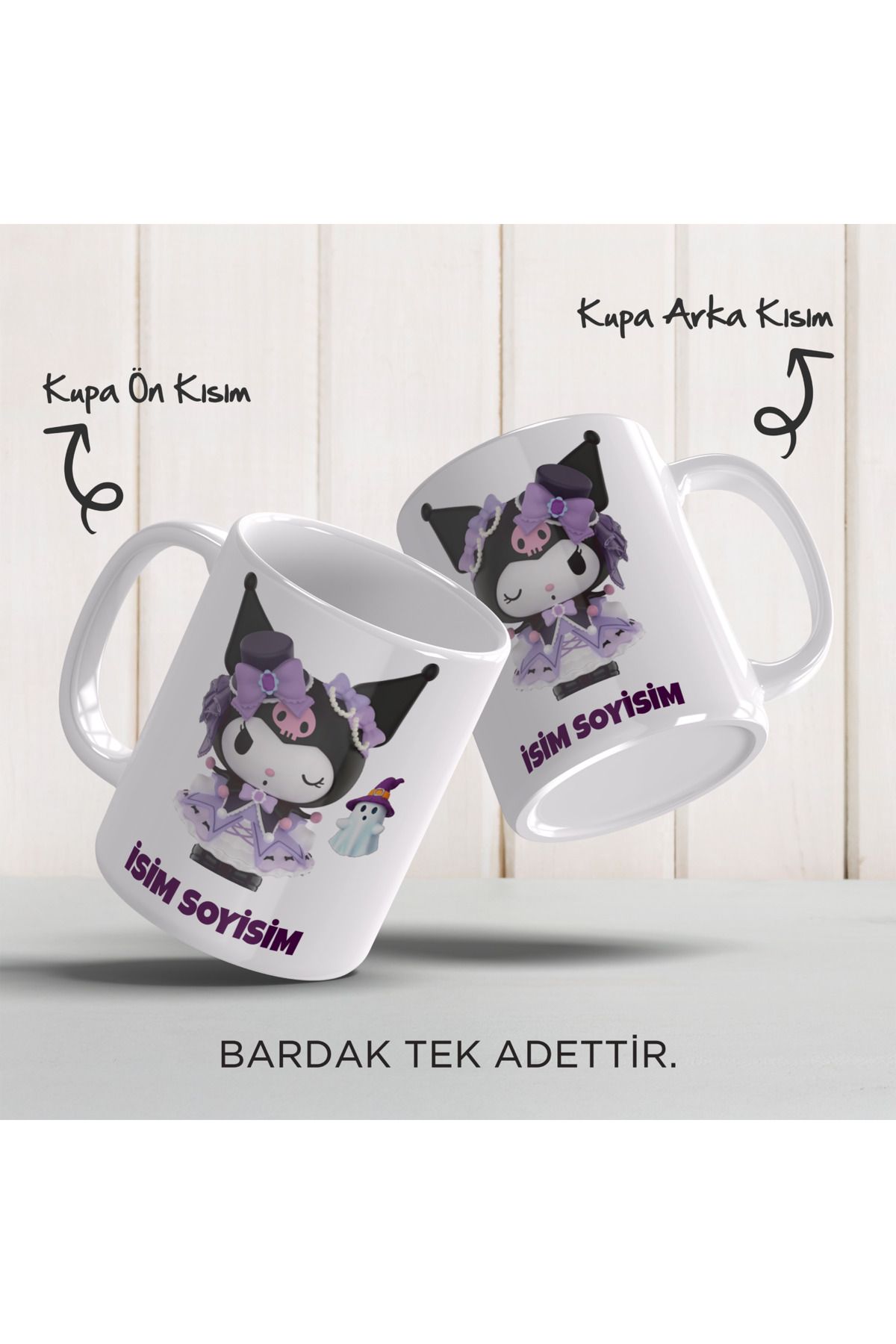 YELKOVAN TASARIM Kişiye Özel İsimli Kuromi Temalı Anime/Kawai, Renkli Porselen Kupa Bardak, Model-5