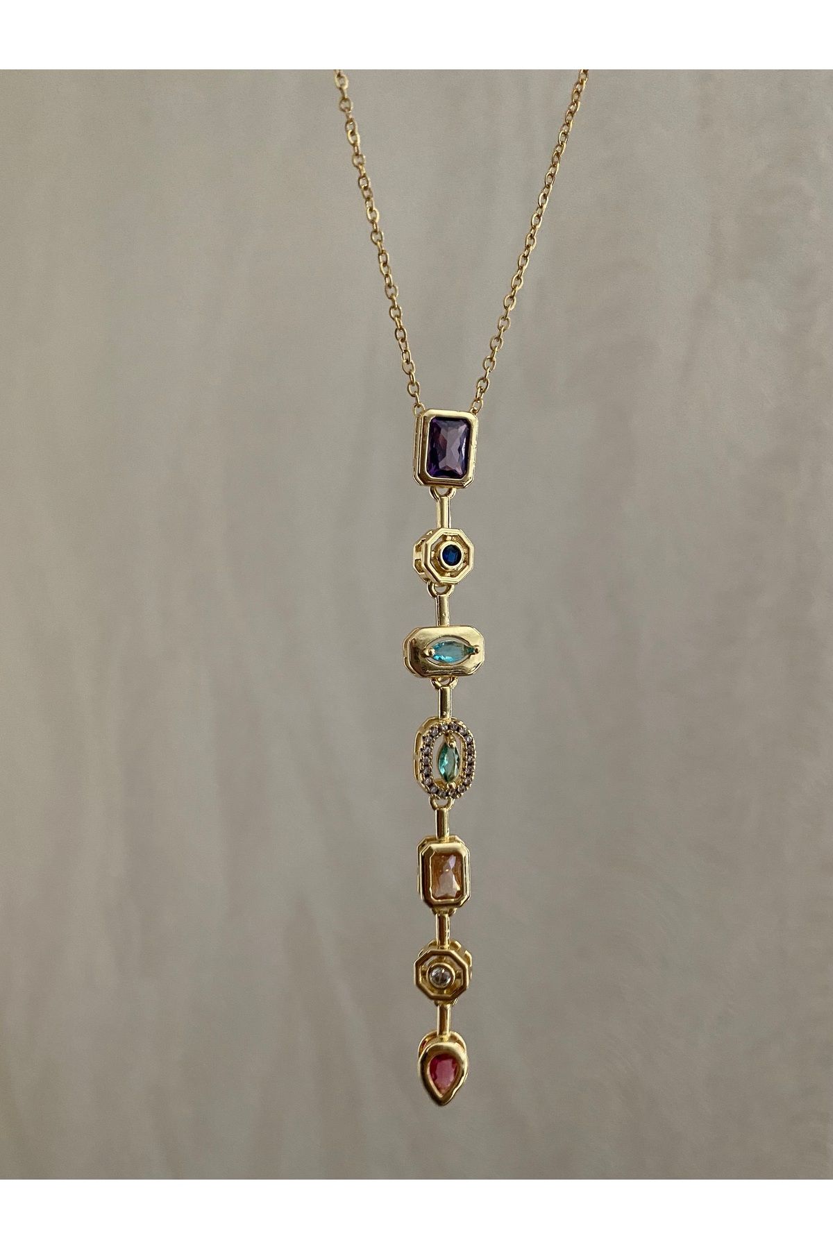 Petek Collection Renkli Taşlı Y kolye Dekolte Kolye (Çelik)