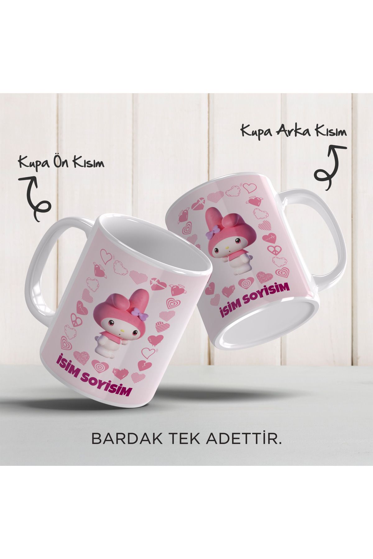 YELKOVAN TASARIM Kişiye Özel İsimli My Melody, Anime/Kawai, Renkli Porselen Kupa Bardak, Model-5