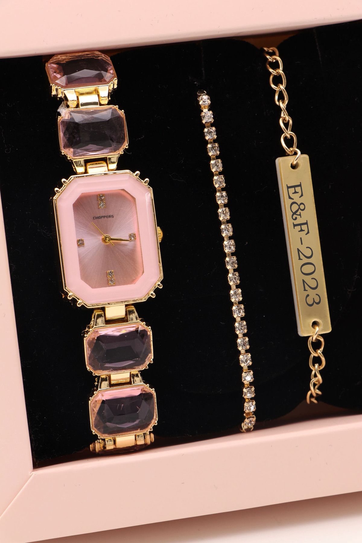 Northwatch Pembe Taşlı Gold Kol Saati-Baget Bileklik Kombin Set
