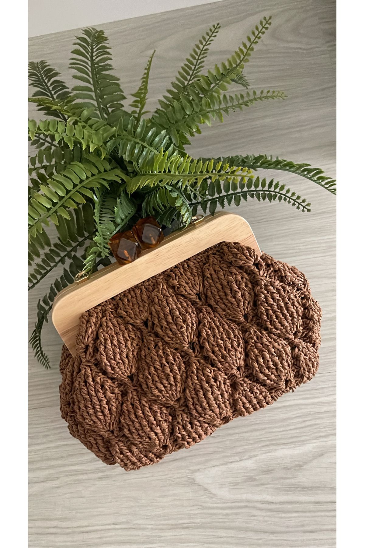 WOMANBAG EL YAPIMI HASIR CLUTCH EL OMUZ ÇANTASI KAHVERENGİ
