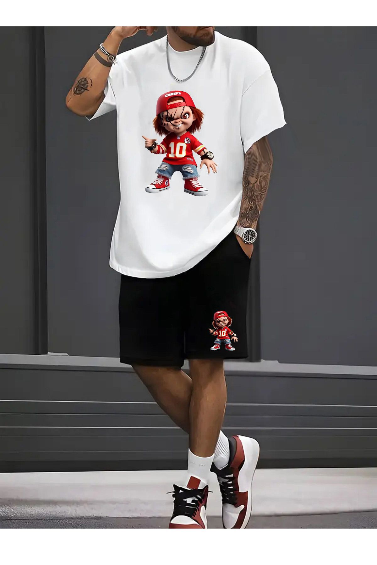 makiteks 2'li Set Düz Renk Erkek Regular Şort ve Tshirt Tişört Chucky