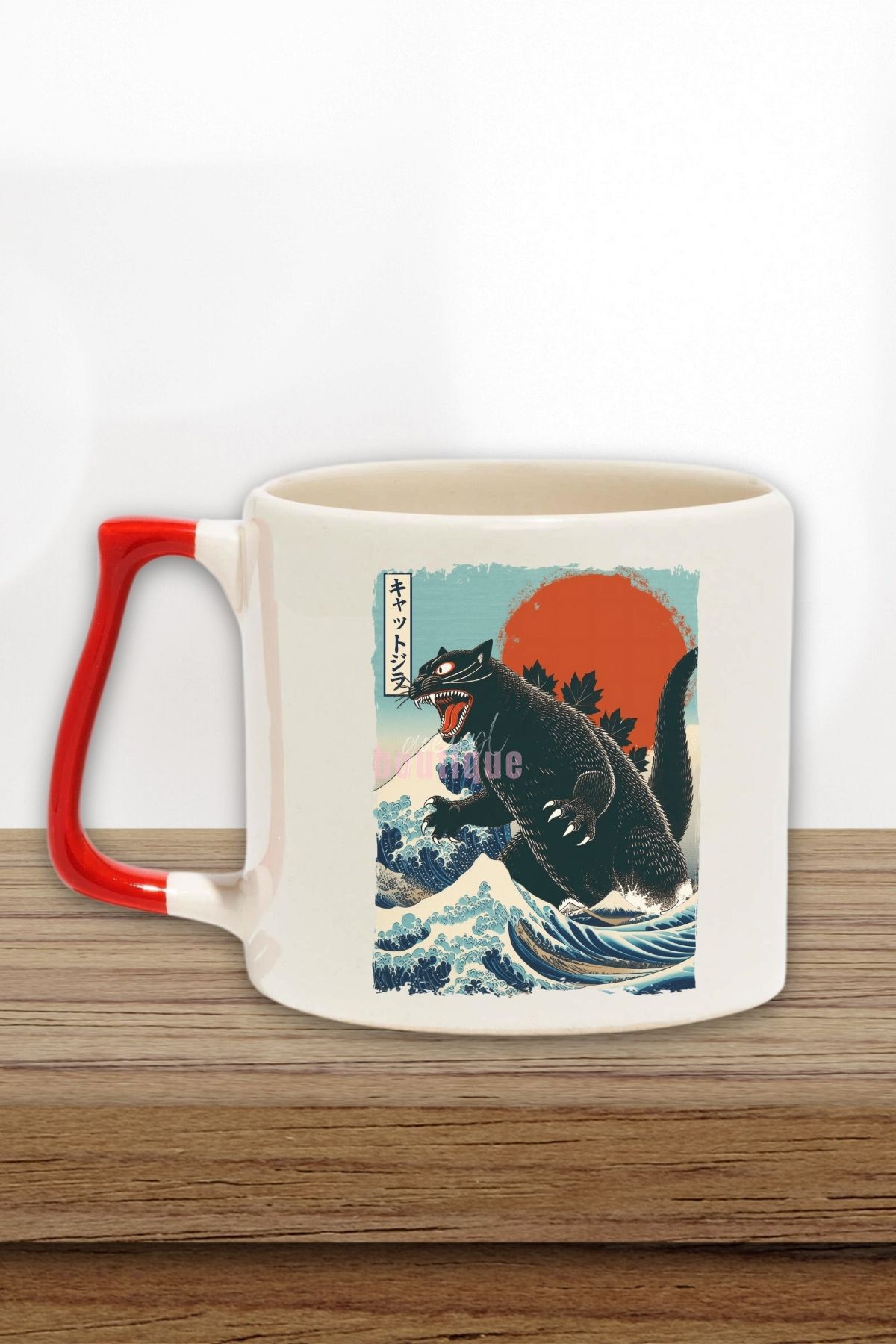 qoeuyl boutique Catzilla Baskılı Japon Sevimli Kedi Anime Manga Doğum Günü Hediye Kırmızı Kulplu Kupa Bardak