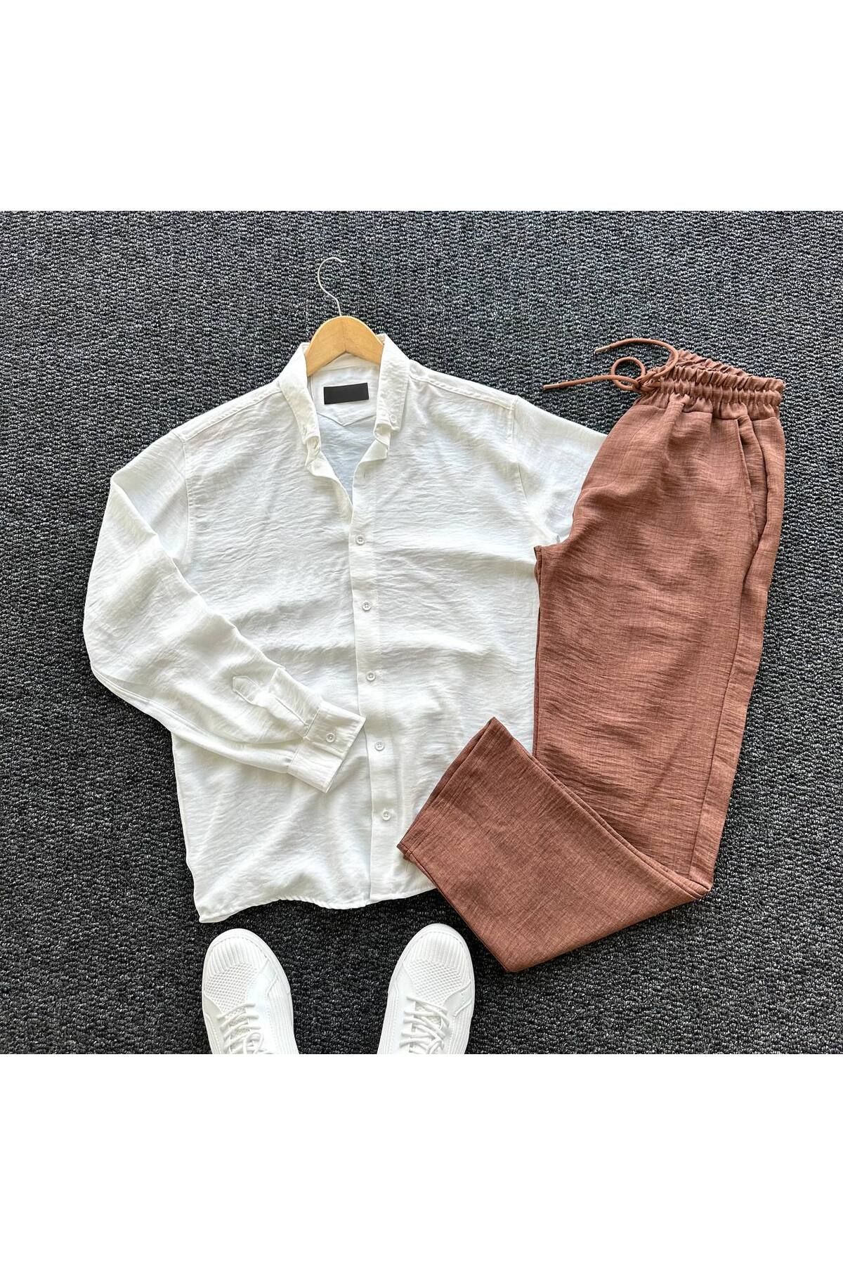 tetramoda Erkek Krinkıl Keten Gömlek Pantolon Takım 2'li Set