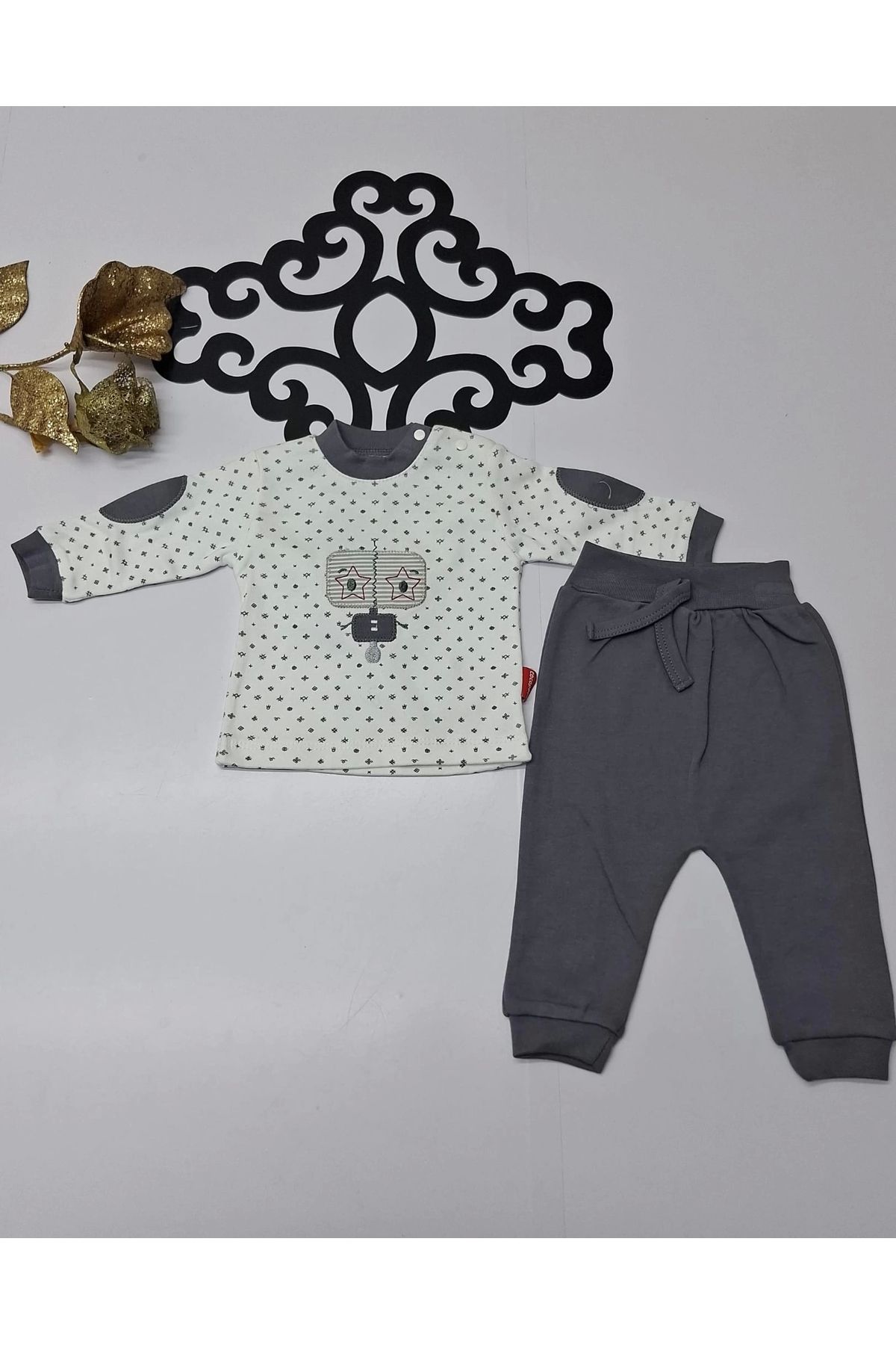 elanurbebe Penye Koldan Göz Nakışlı Desenli Çıtçıtlı Yaka Bebe Erkek Ikili Takım