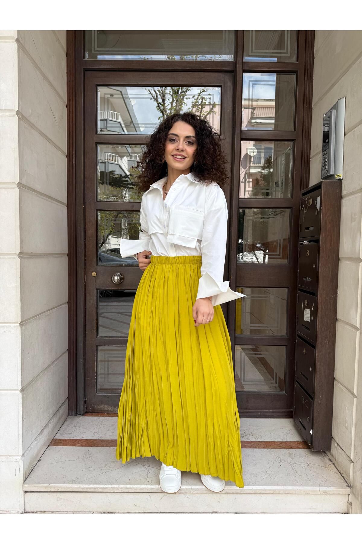 Betül Nayir Kırışık Kumaş Midi Etek -Yağ Yeşili