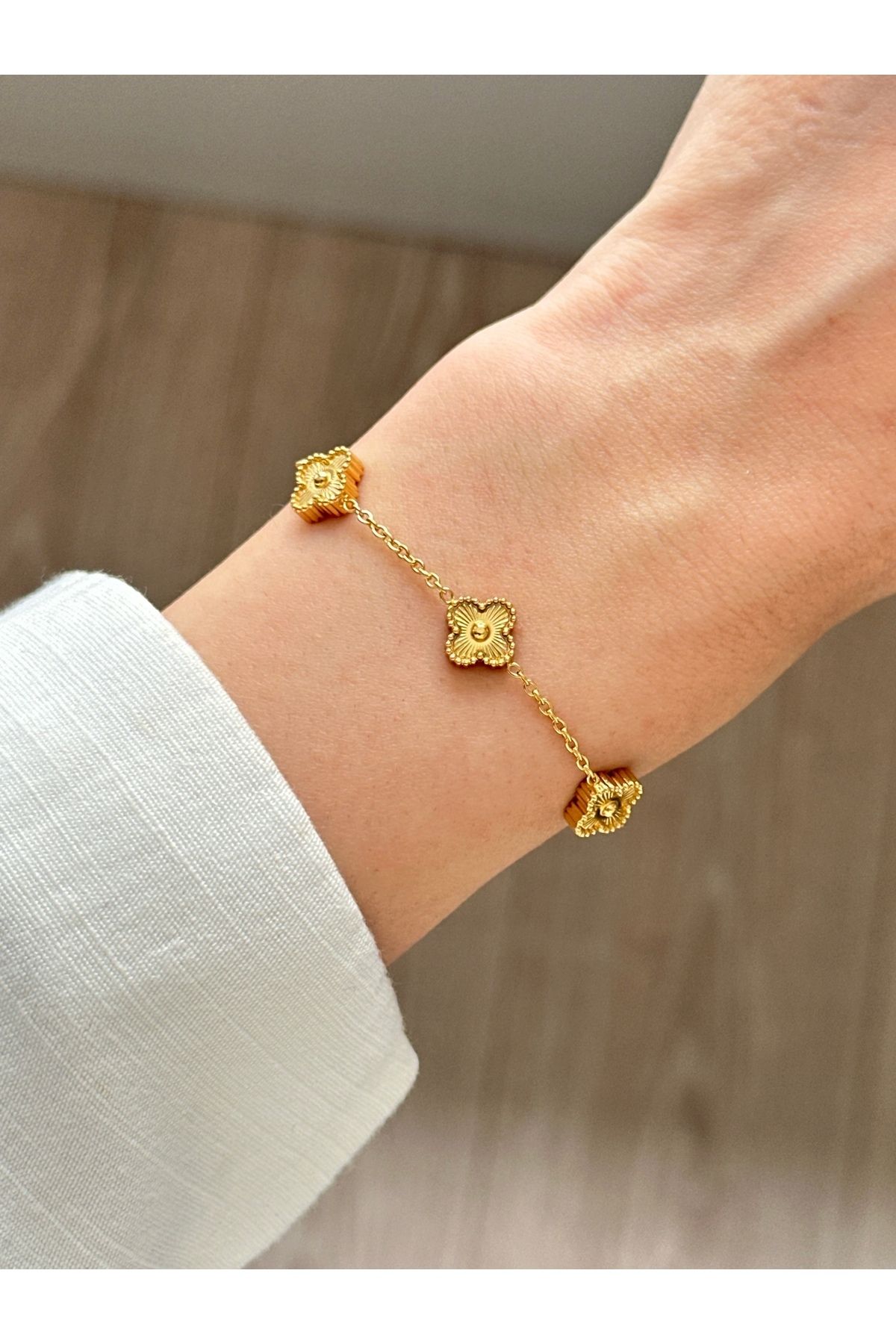 GUNESTAKI 316l Çelik Mini Yonca Gold Bileklik Kadın Erkek Unisex Bileklik Gold Çift Taraflı Bileklik