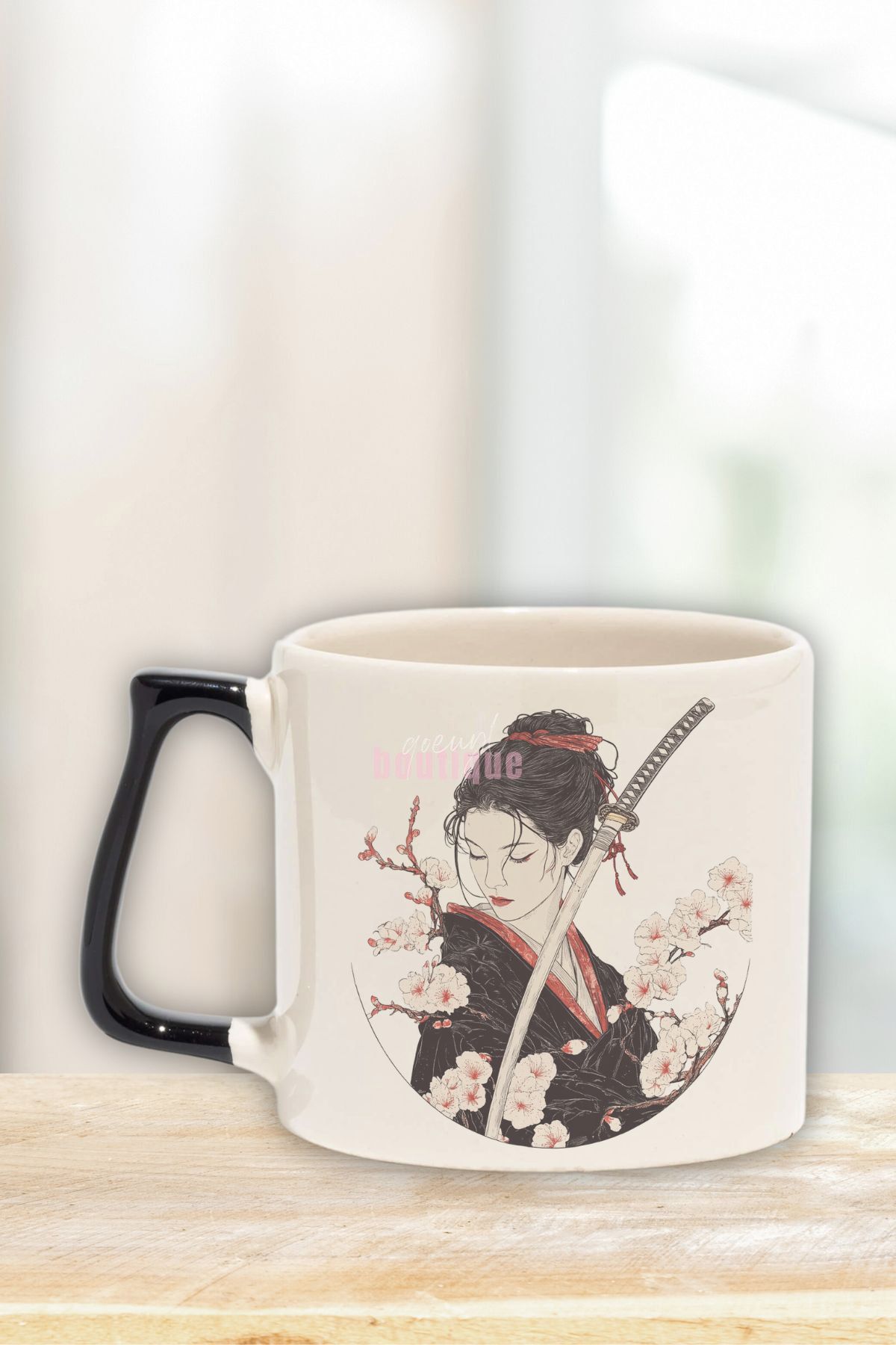 qoeuyl boutique Samuray Kızı 3 Baskılı Japon Manga Kızı Samuray Figürü Doğum Günü Hediye Siyah Kulplu Kupa Bardak