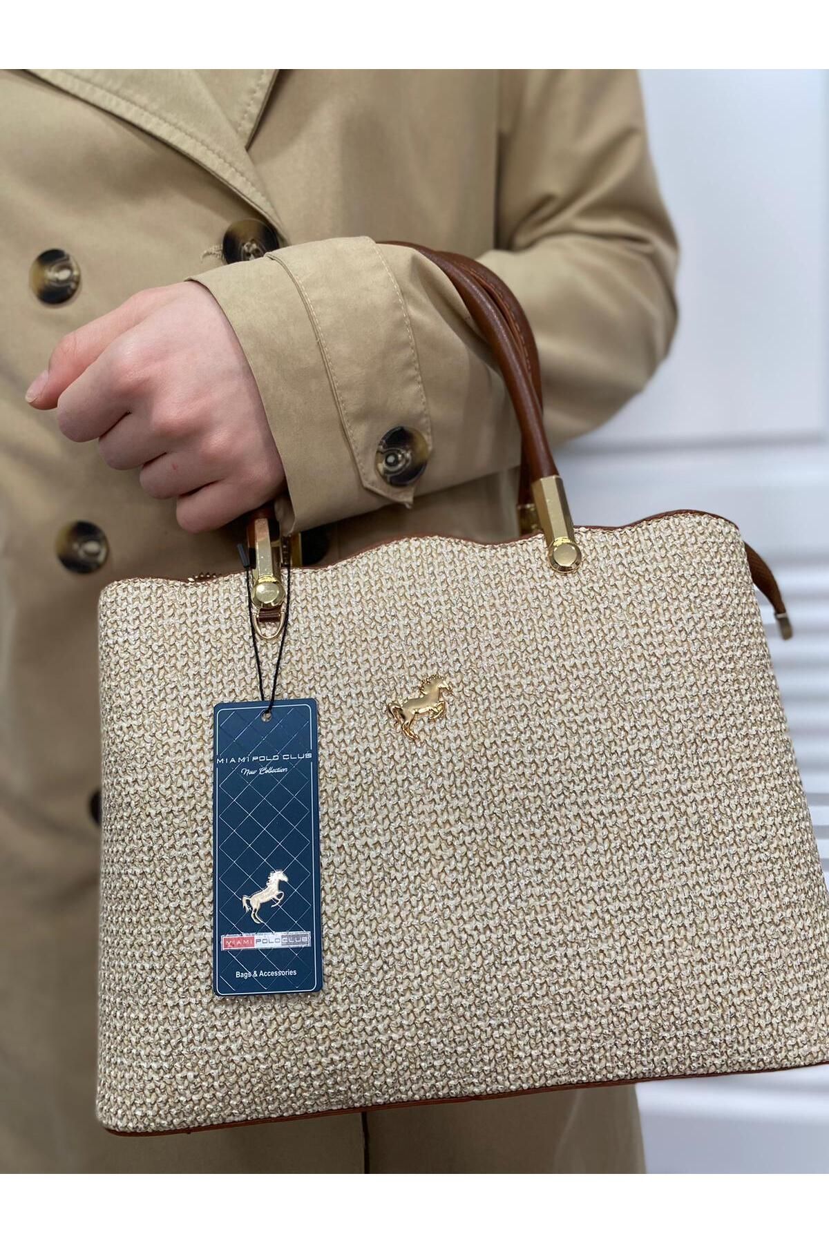 ST Bags Kadın Yeni Sezon Şık Tasarım Hasır Desen Krem Omuz Çanta