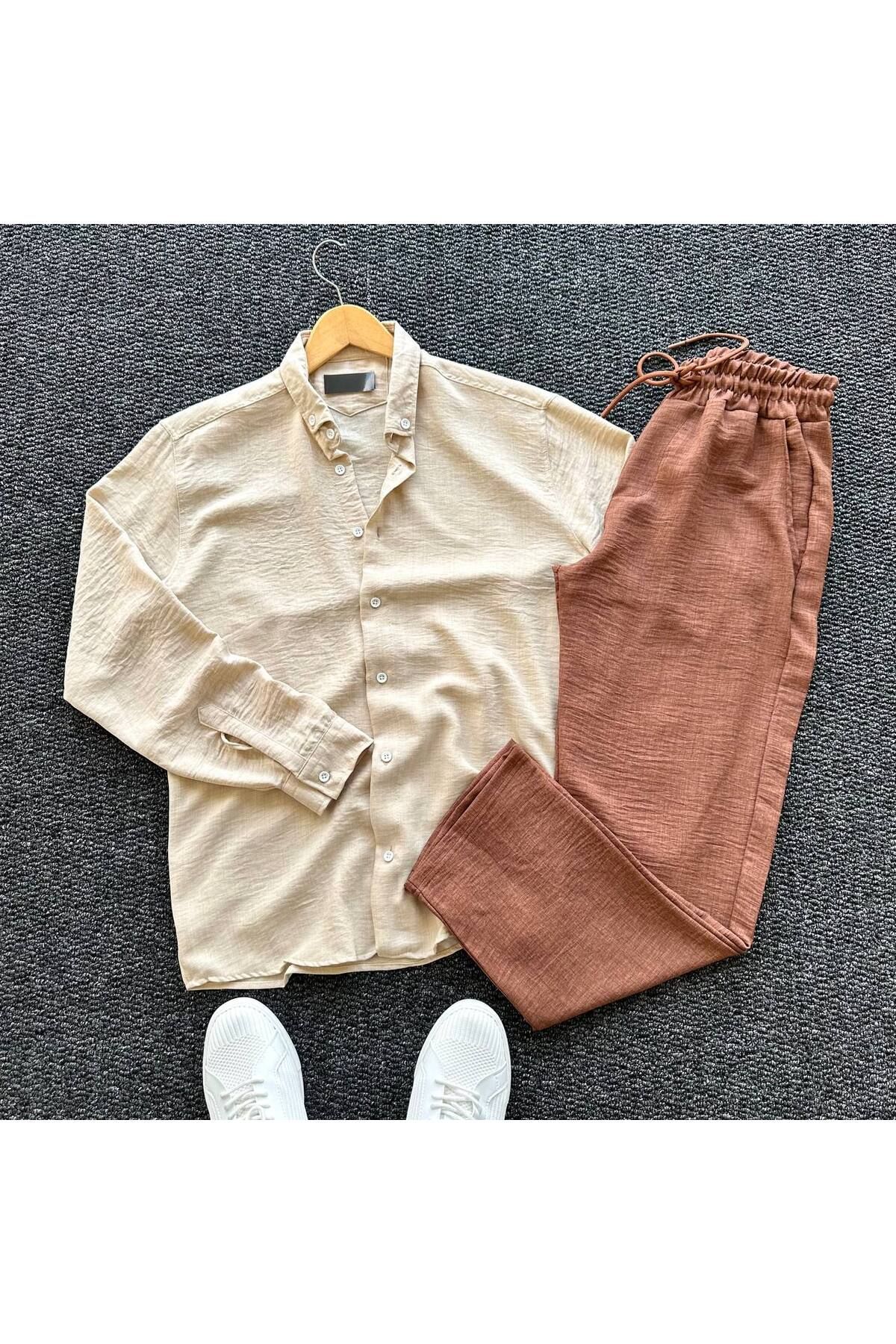tetramoda Erkek Krinkıl Keten Gömlek Pantolon Takım 2'li Set