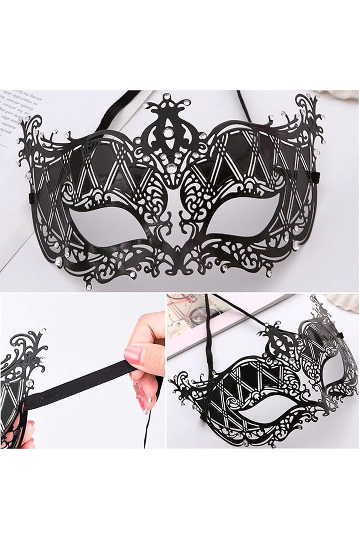 PRATİKOBA Kristal Gümüş Taşlı Siyah Lazer Kesim Metal Lüks Maske