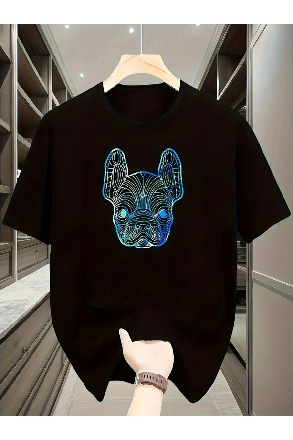 NoVibe Unisex Çizim Dog Baskılı Baskılı Kısa Kol %100 Pamuk T-shirt