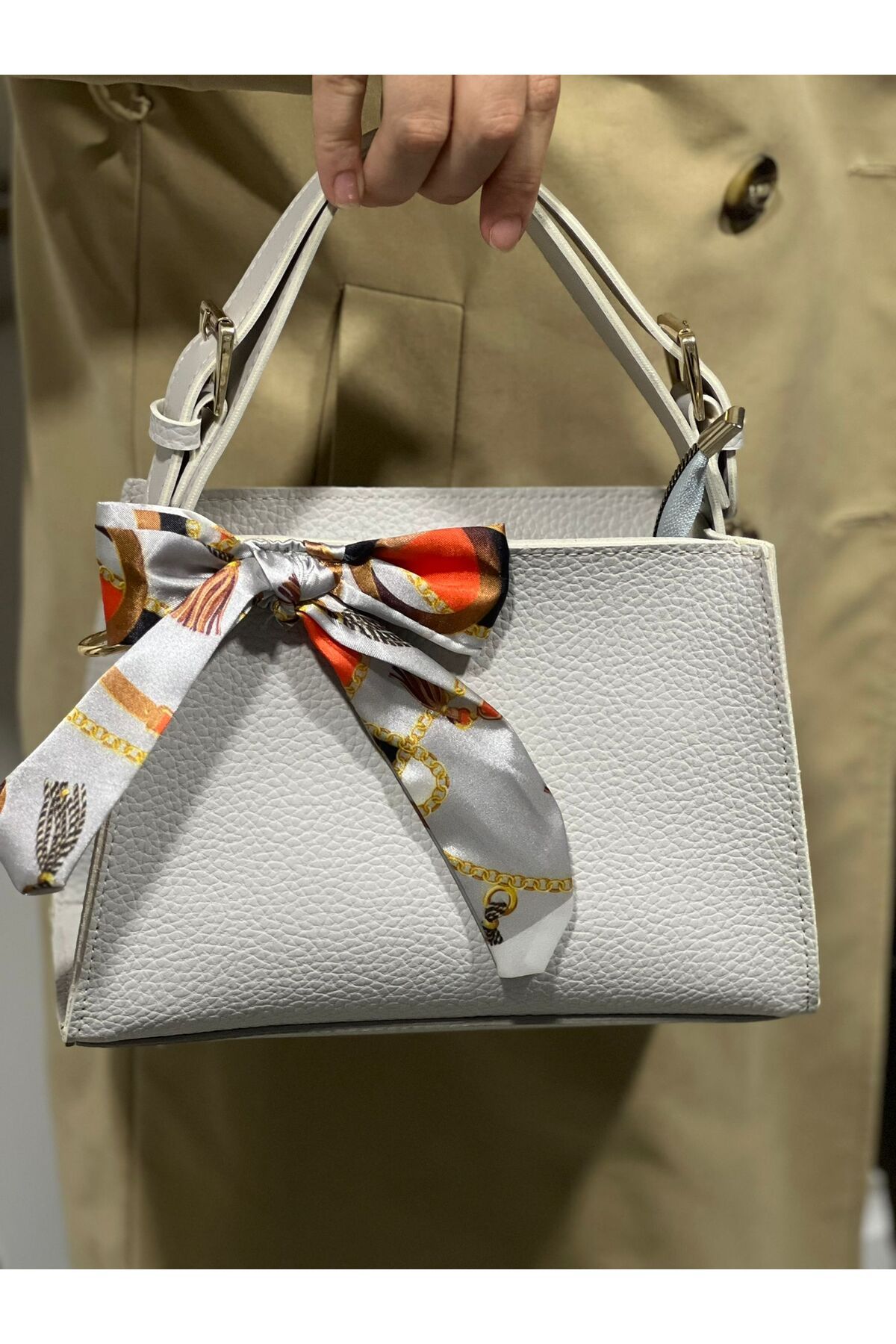 ST Bags Kadın Gri Yeni Tasarım Fular Detaylı Omuz Çantası