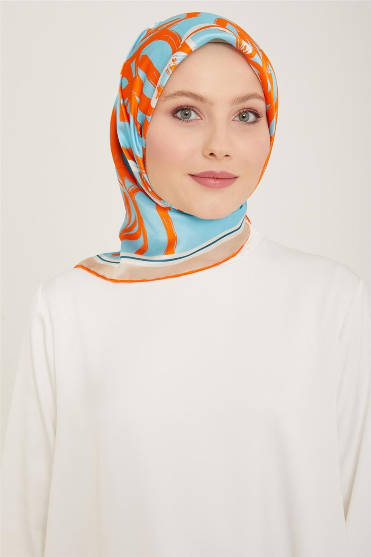 Armine Sura İpek Eşarp 91234D (S ) 90 x 90 Mavi - Turuncu -37