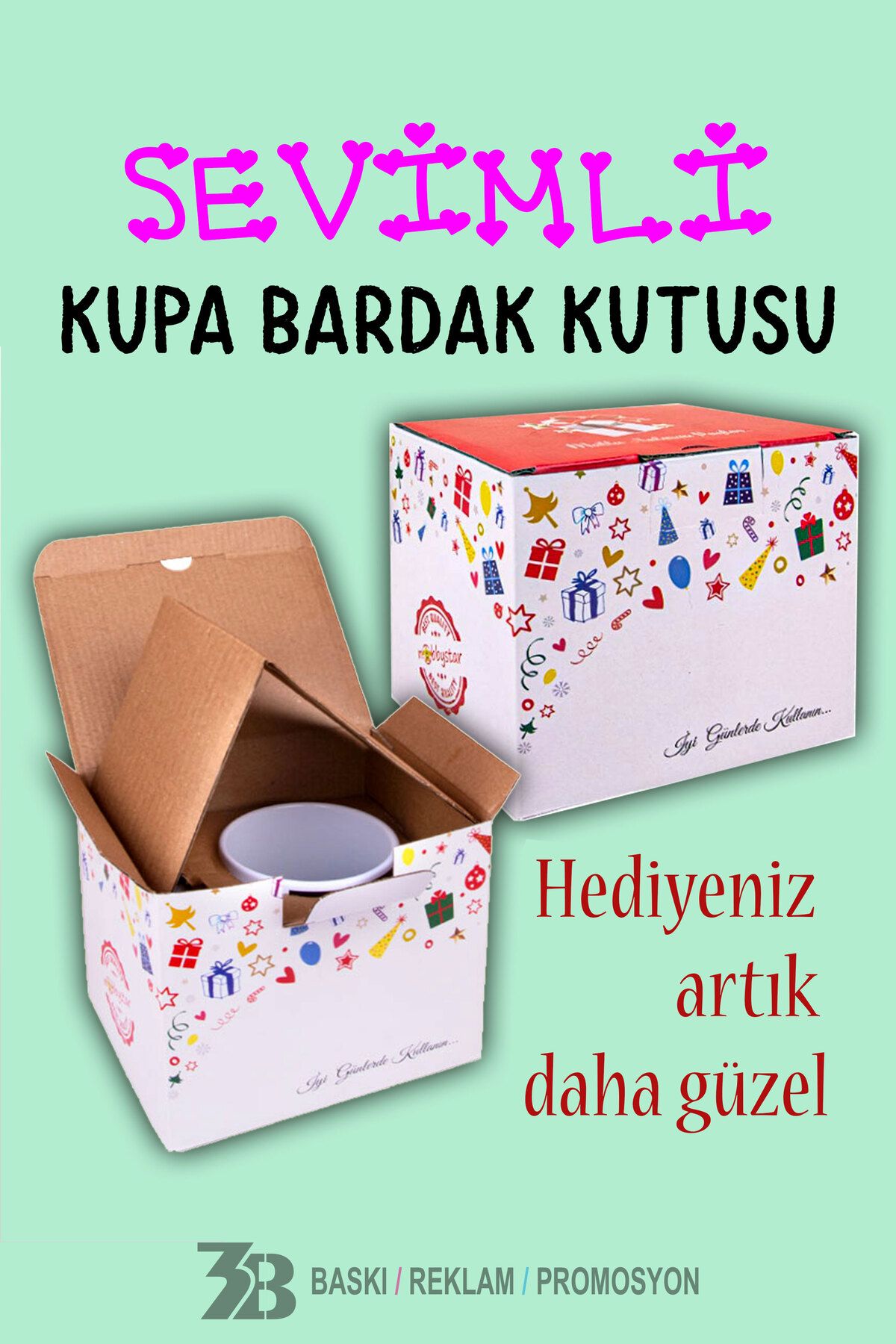3B BASKI REKLAM PROMOSYON KORUNAKLI SEVİMLİ HEDİYELİK KUPA BARDAK KUTUSU-3BKUTU001